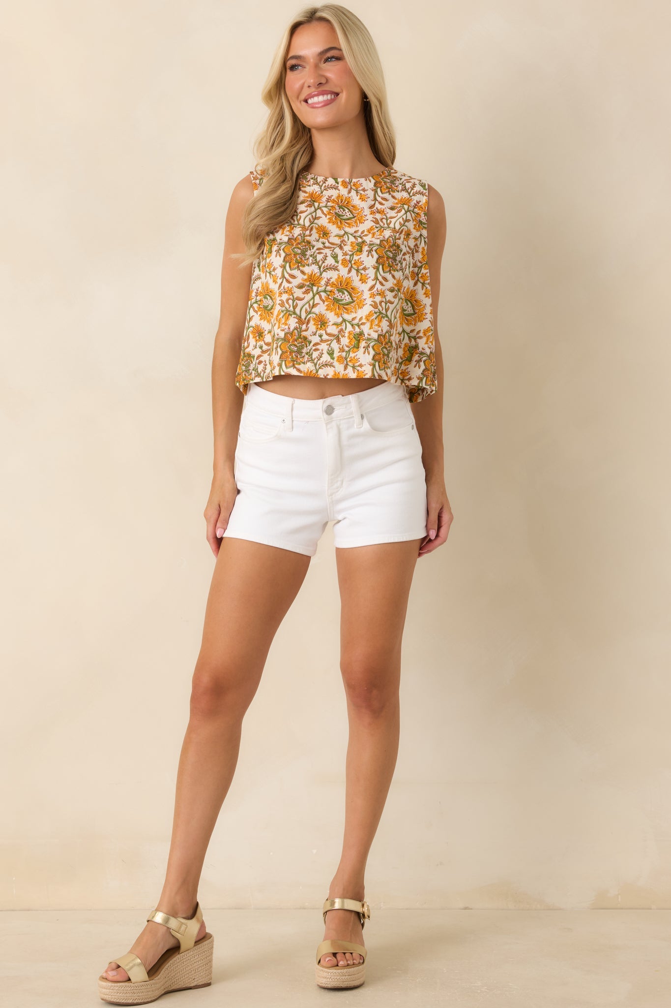 Easy to Love Marigold & Olive Green Floral Cotton Button-Back Top