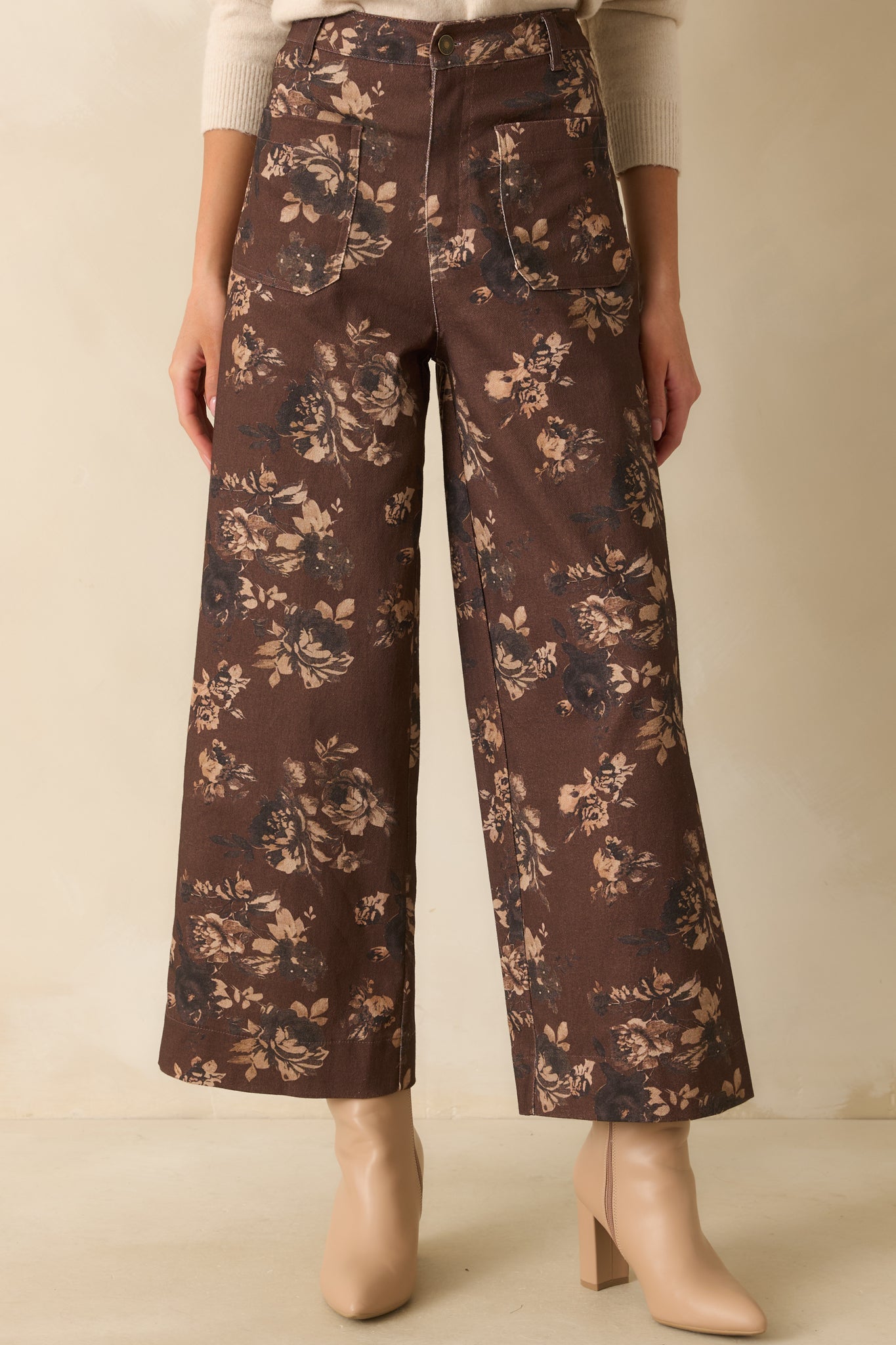 Couldn't Be Better Chocolate Brown Floral Print Cotton Wide Leg Jeans