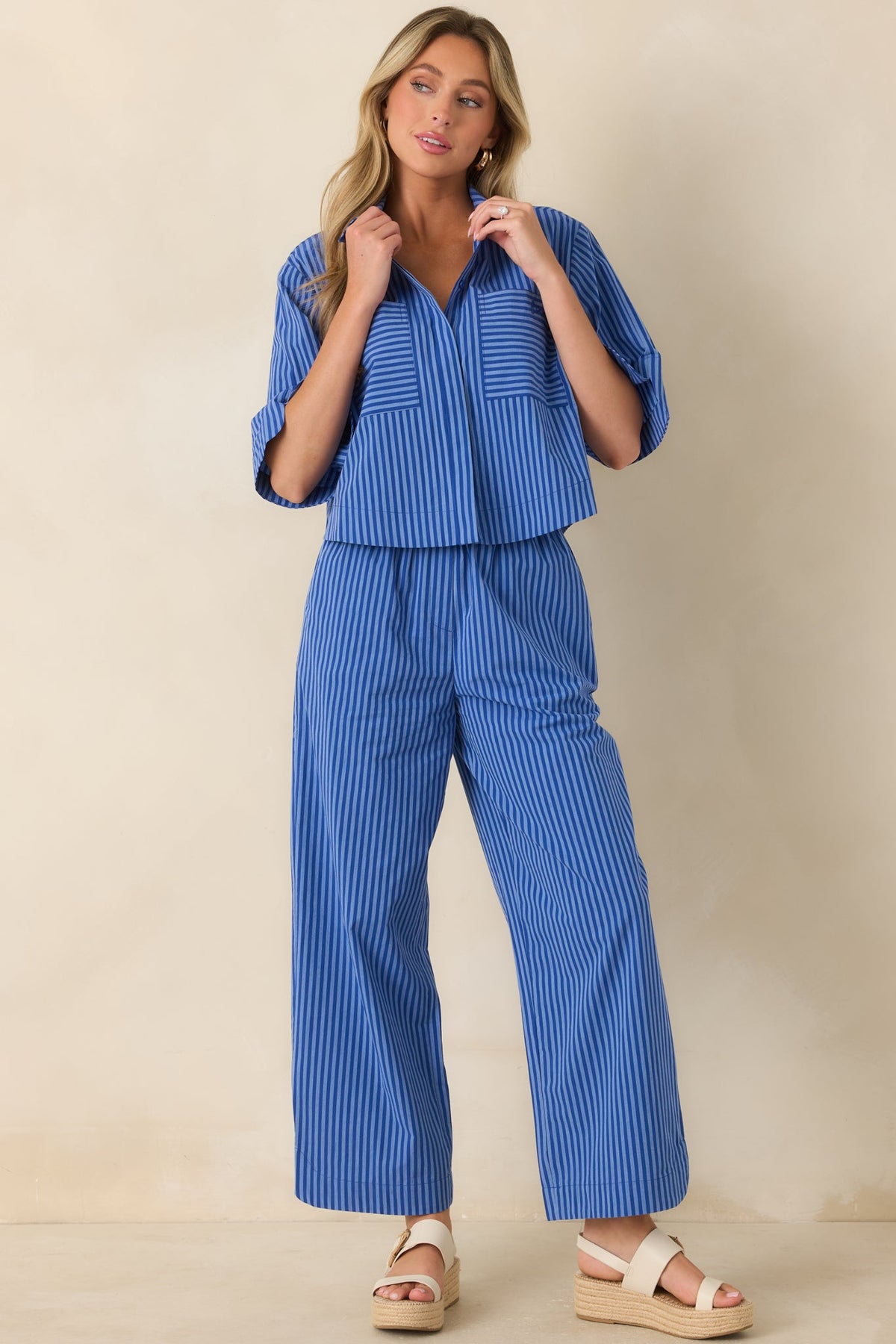 FRNCH Anna Electric Blue Cotton Stripe Shirt