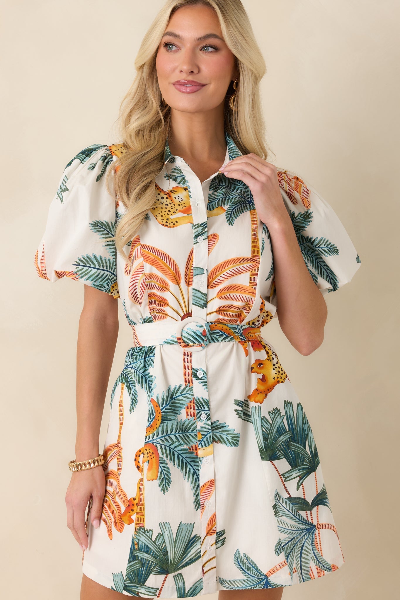 Paradise Plans Ivory Multi Tropical Print Puff Sleeve Mini Dress