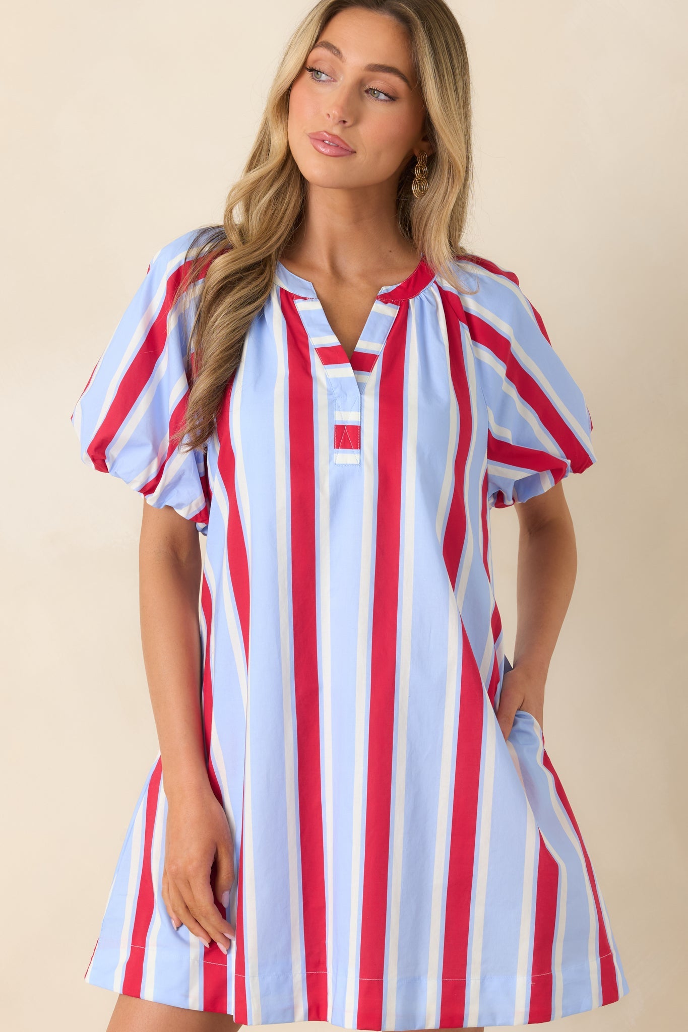 Sweet Summer State Red & Light Blue Stripe Cotton Puff Sleeve Mini Dress