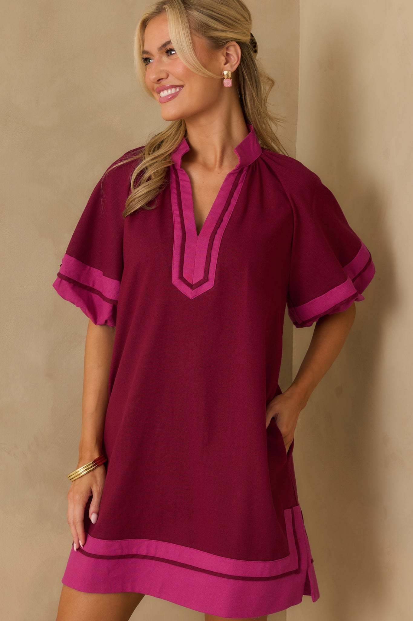 Made It Work Berry Linen Blend Short Sleeve Mini Dress