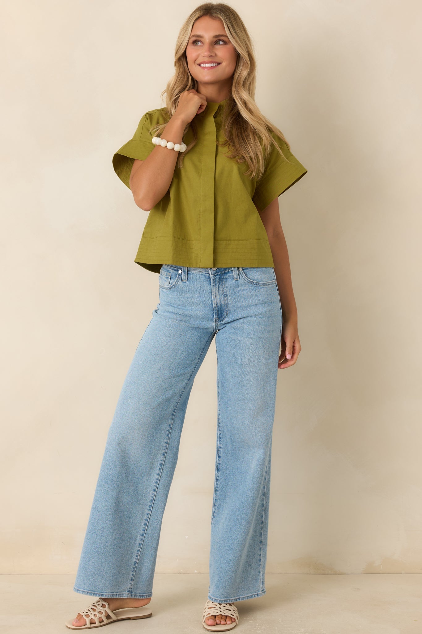 Pretty In Power Olive Green Cotton Linen Button-Front Mock Neck Top
