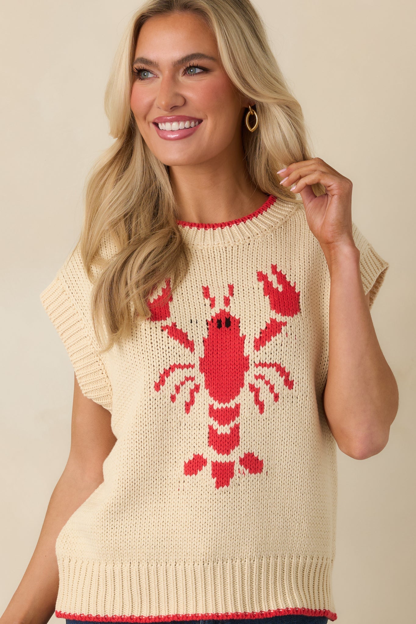 Just a Pinch Ivory Multi Knit Sleeveless Lobster Sweater
