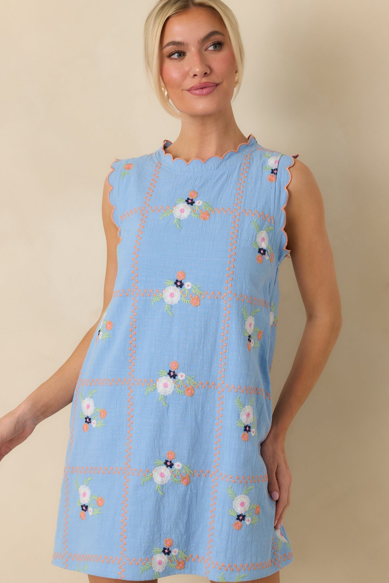 A Sweet Escape Light Blue Multi Floral Embroidered Cotton Sleeveless Mini Dress