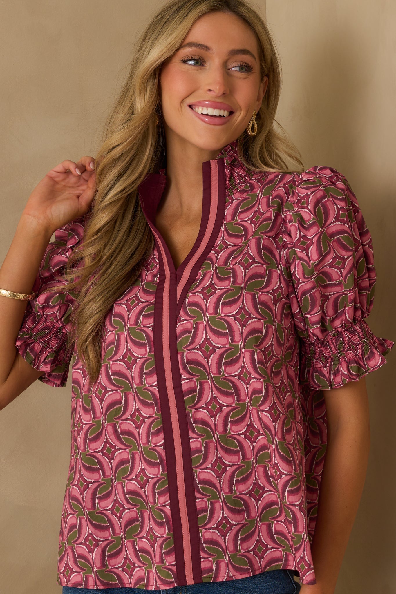 A Gentle Soul Light Mauve Geometric Print Cotton Puff Sleeve Top