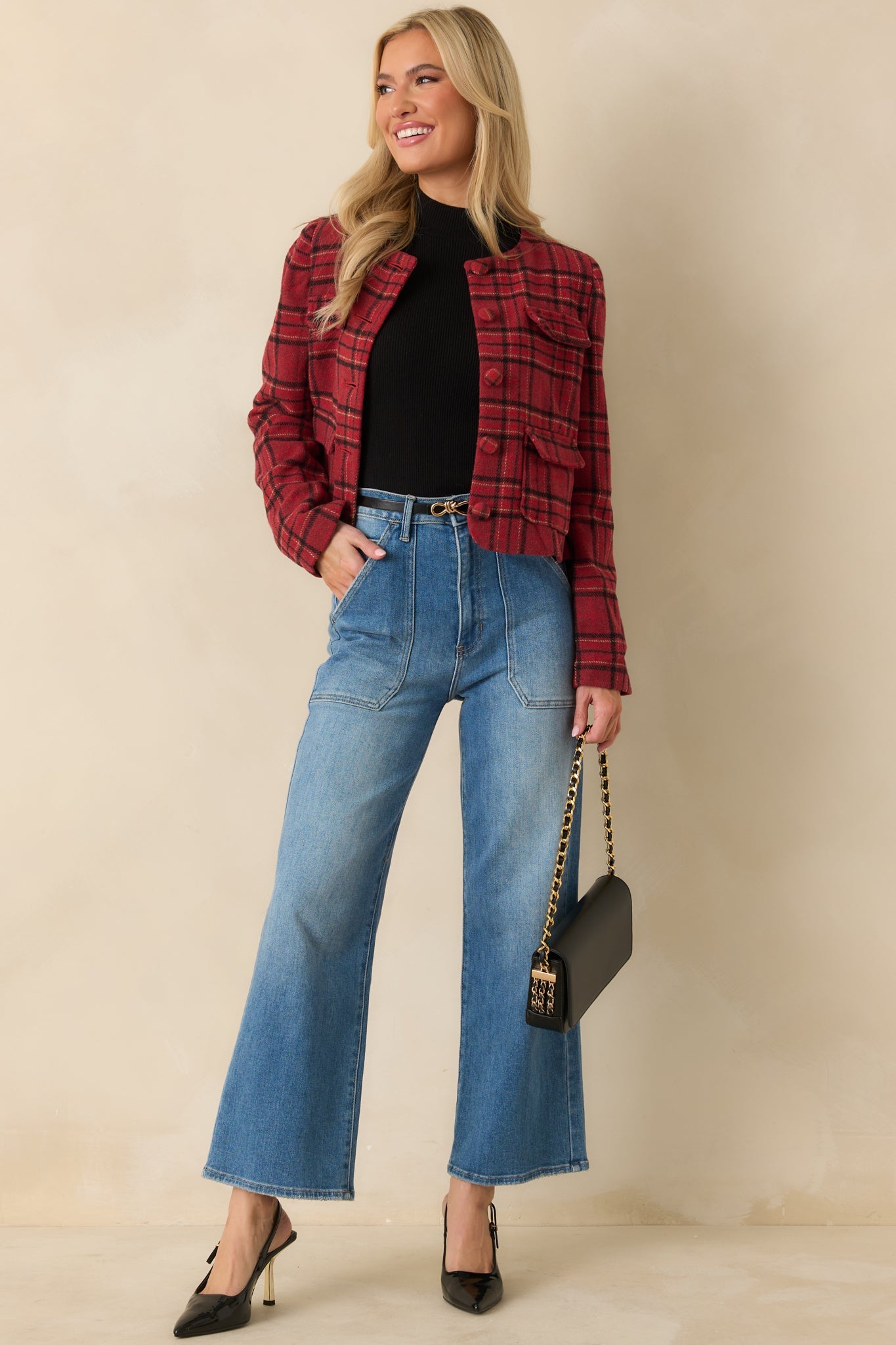 All In Good Taste Merlot Red Plaid Button Up Jacket