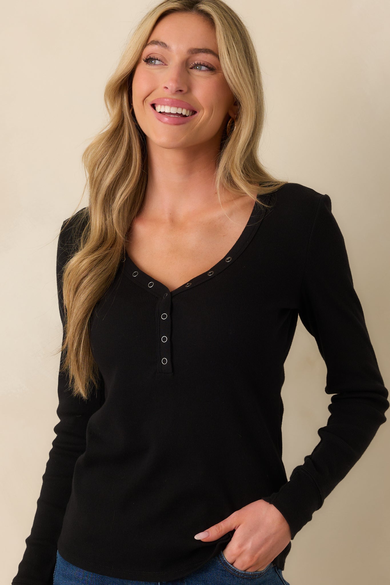 Everyday Envy Black Ribbed Cotton Long Sleeve Henley Tee