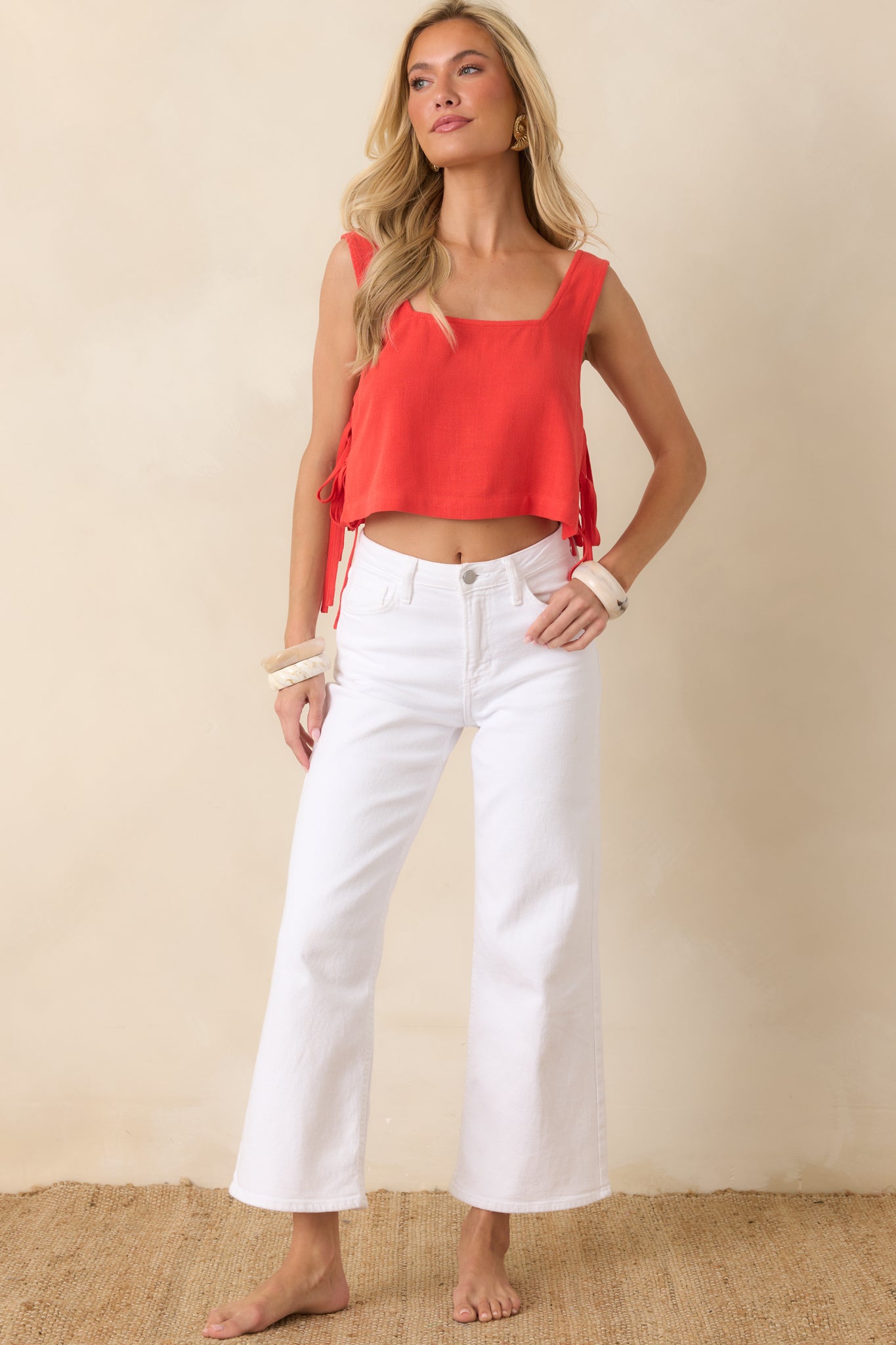 Paradisa Calista Sangria Red Linen Blend Side-Tie Crop Top