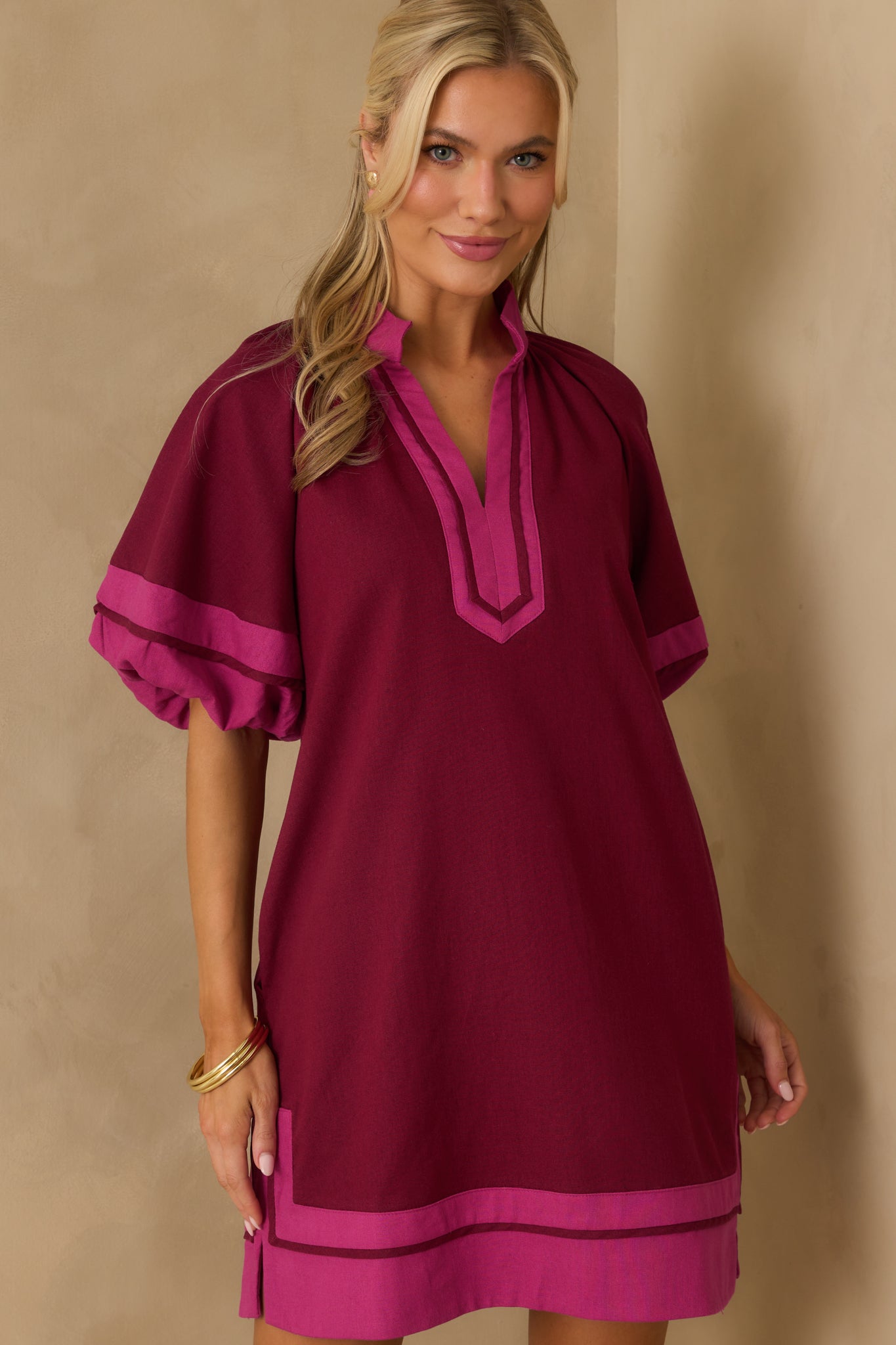 Made It Work Berry Linen Blend Short Sleeve Mini Dress