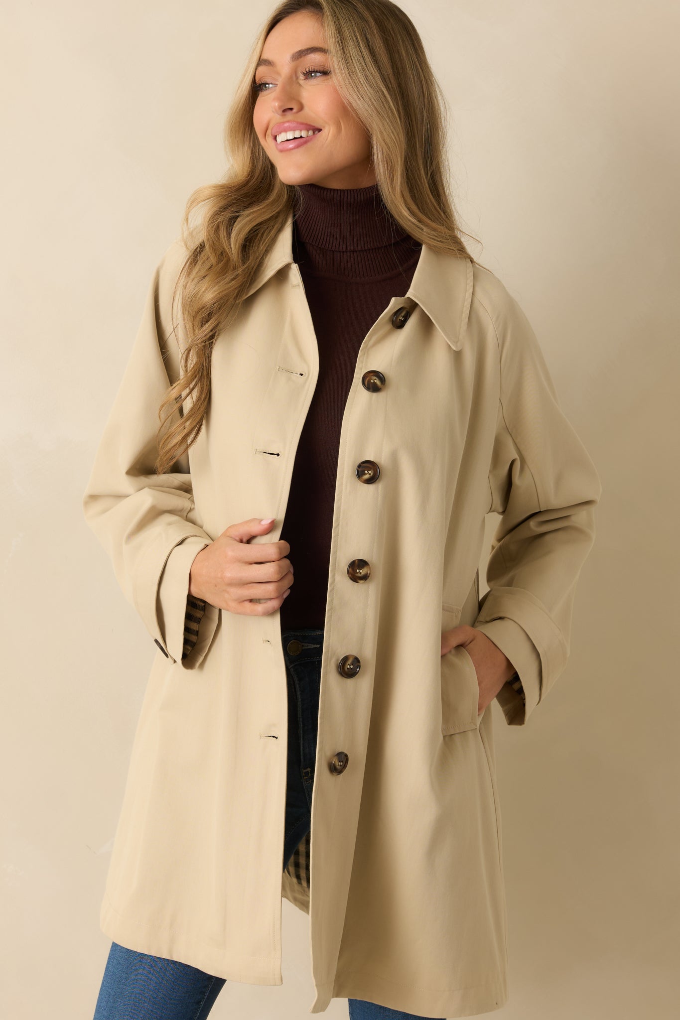 Timeless Appeal Beige Button Front Trench Jacket