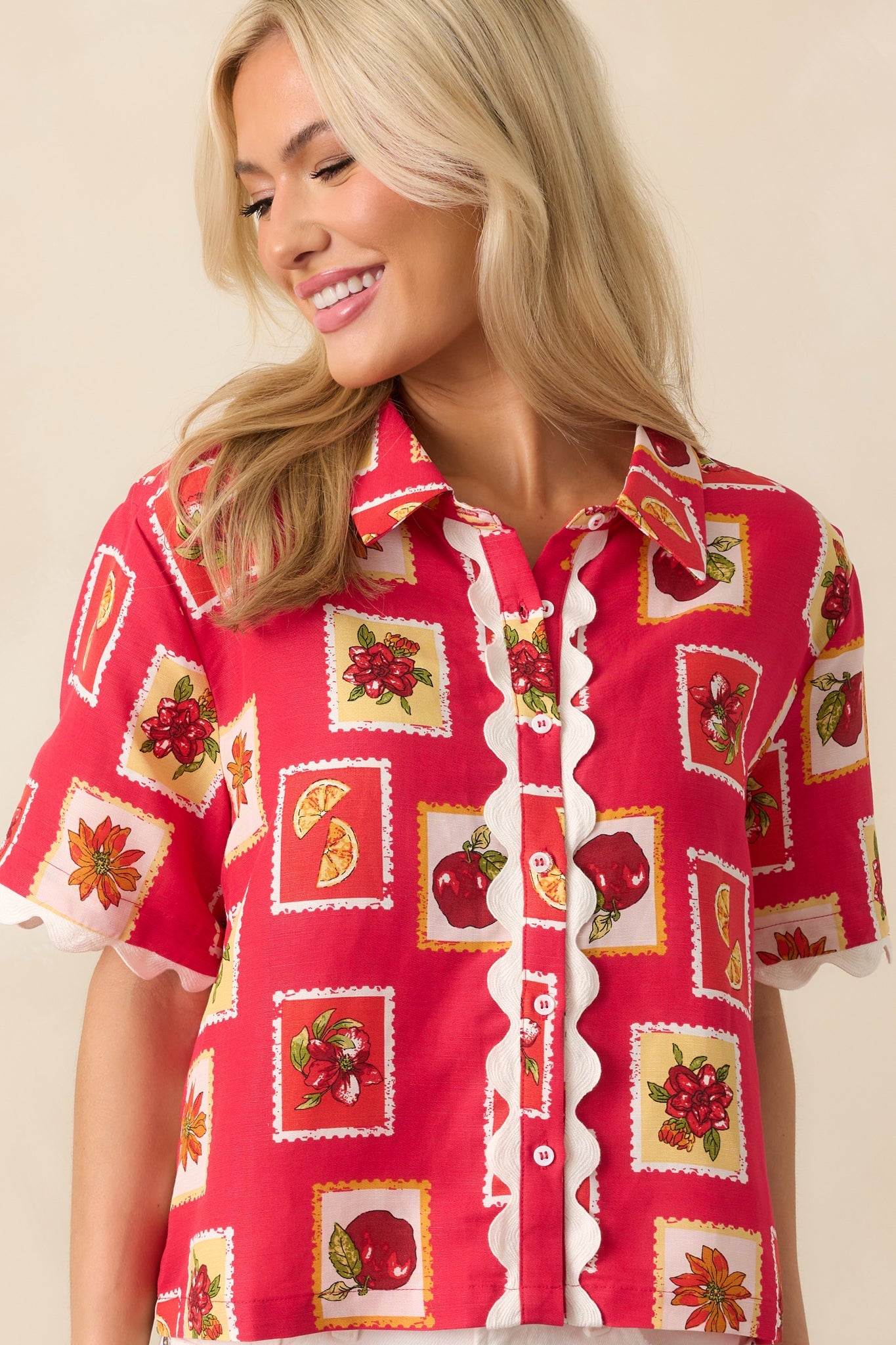Peace Within Red Patchwork Print Linen Blend Button Front Top