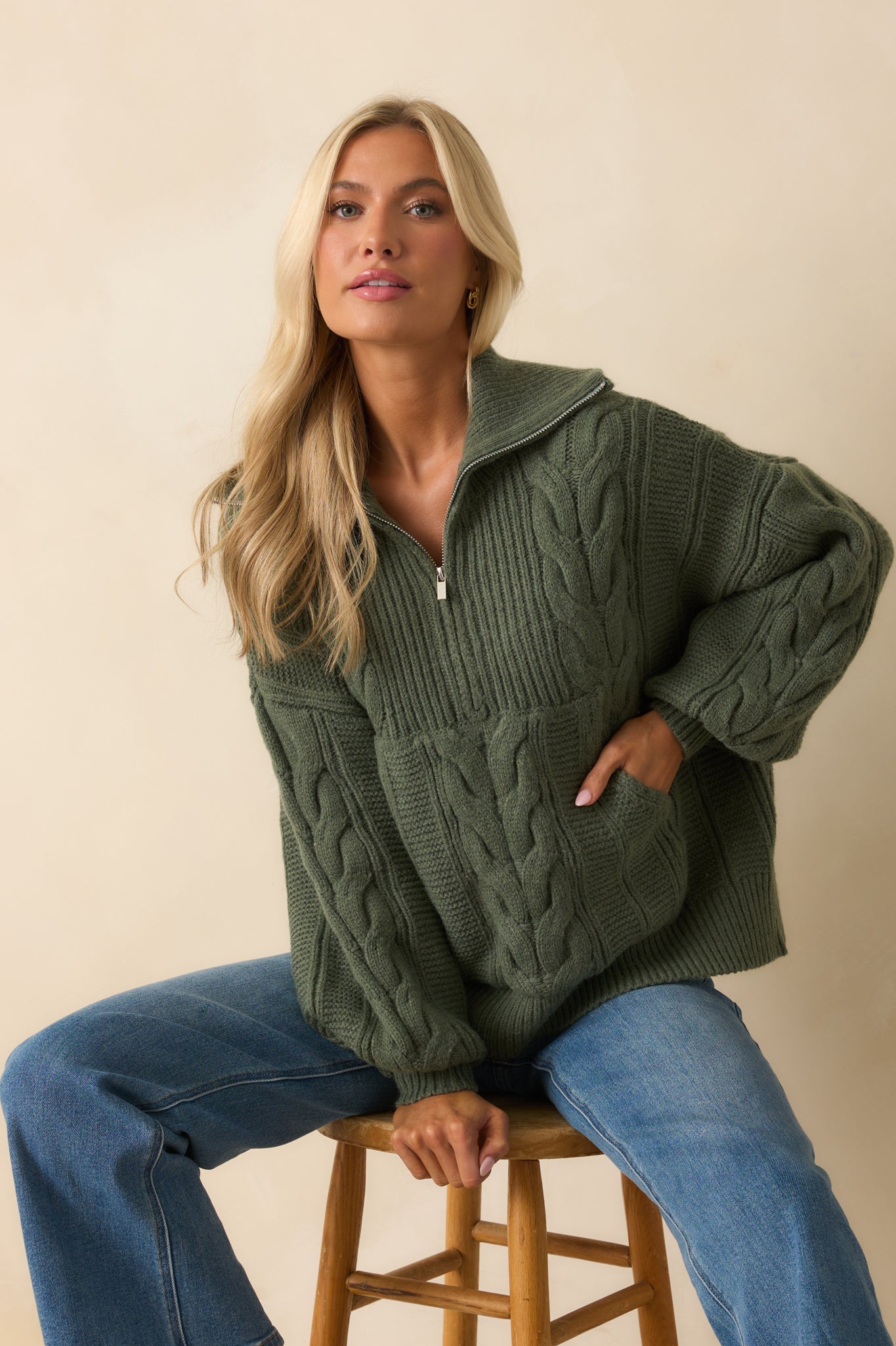 Day After Day Green Cable Knit Quarter Zip Pullover Sweater