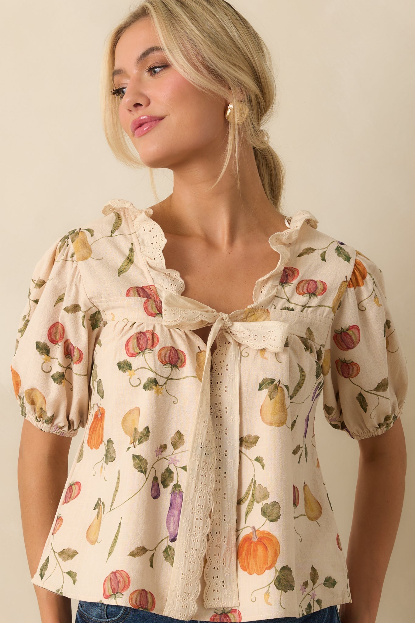 I Meant It Ivory Multi Vegetable Print Cotton Puff Sleeve Top