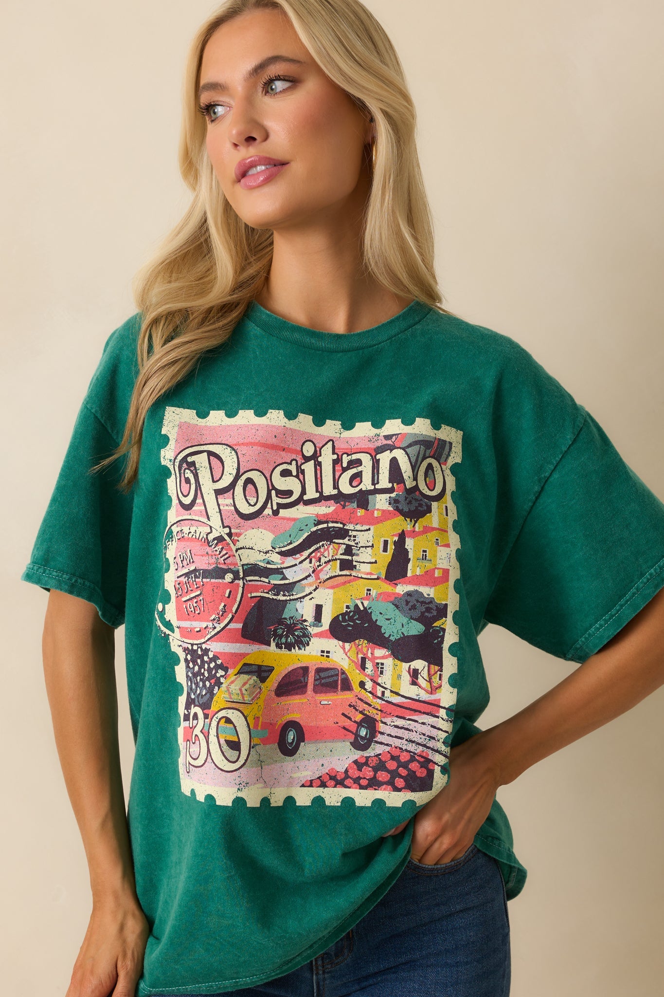 Sending Postcards Acid Wash Green Cotton Stamp Graphic Tee