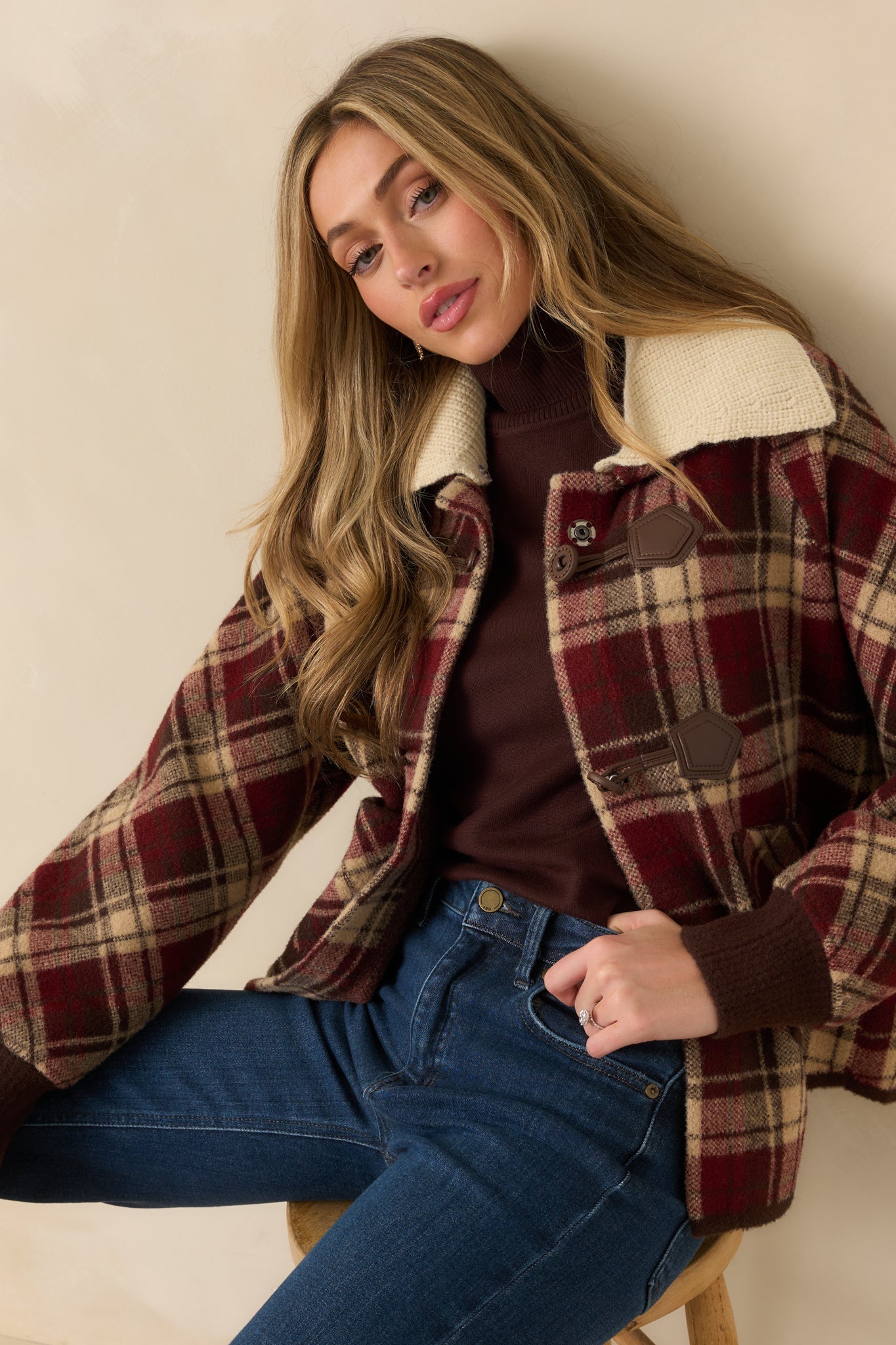 Cabin Check Cranberry Red Plaid Knit Collared Jacket