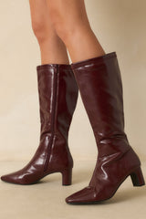 Set The Tone Wine Red Faux Leather Knee High Block Heel Boots