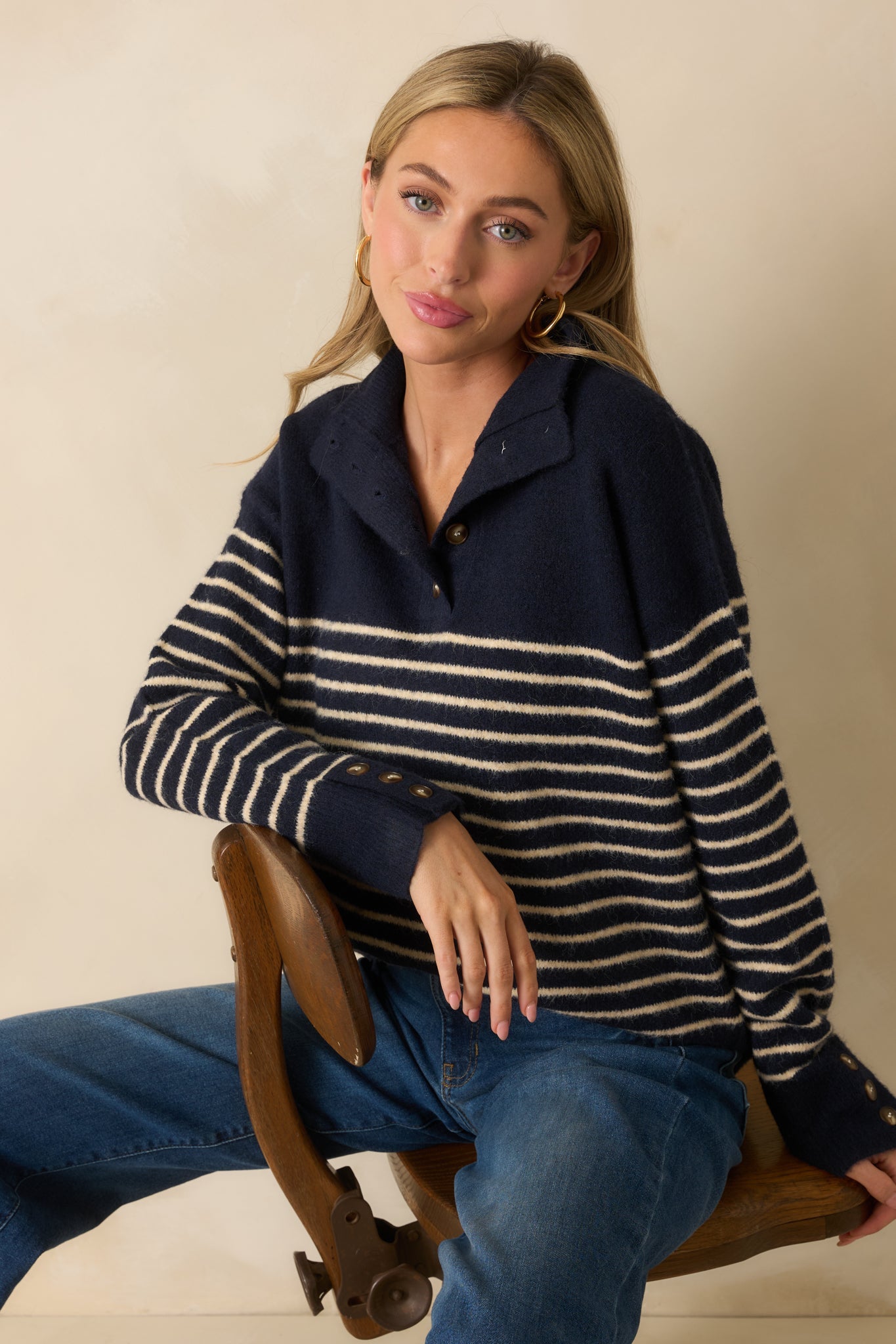 Before You Know It Navy Stripe Long Sleeve Collared Sweater