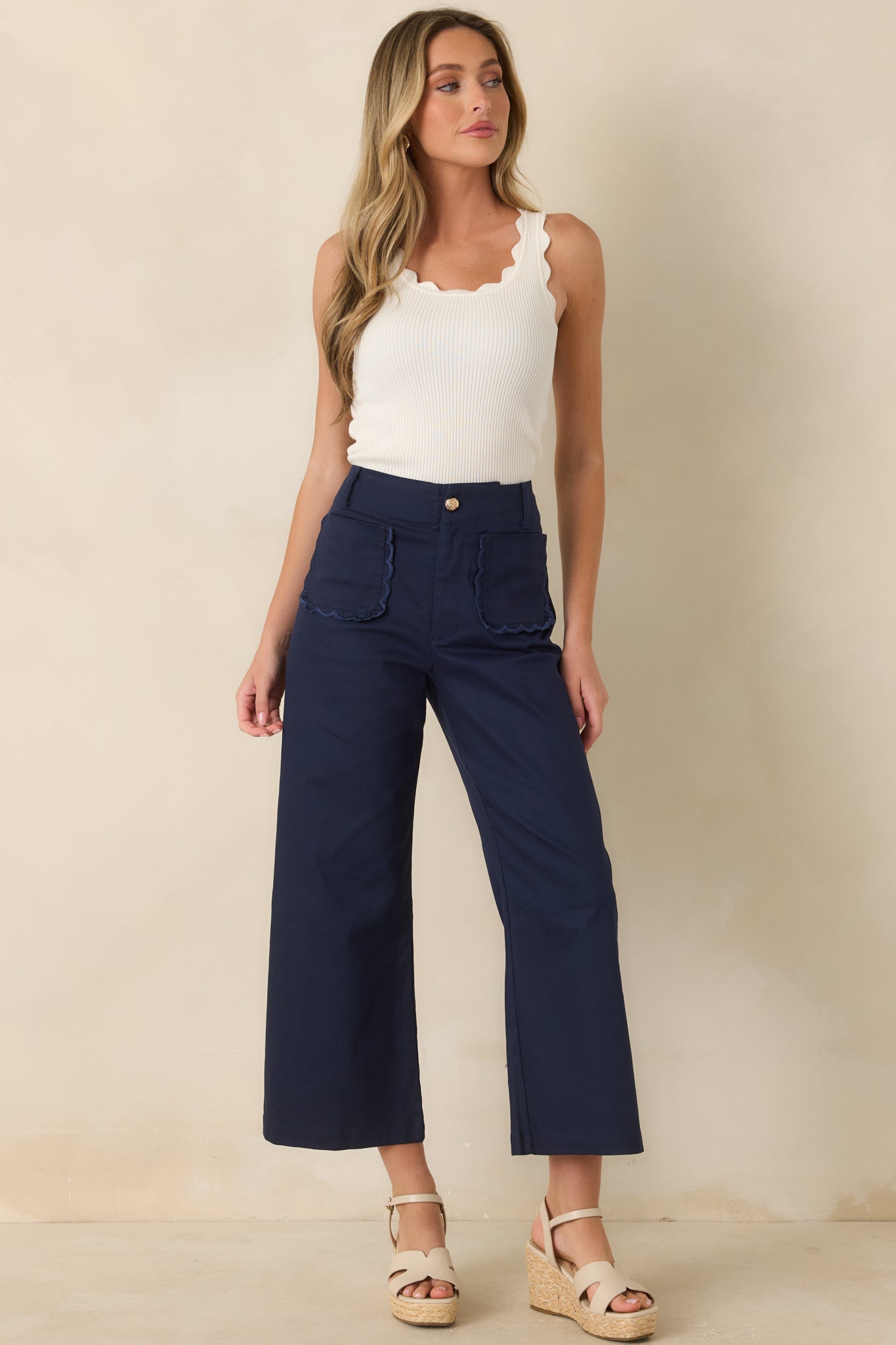 Prosperina Miller Navy Cotton Scalloped Pocket Pants