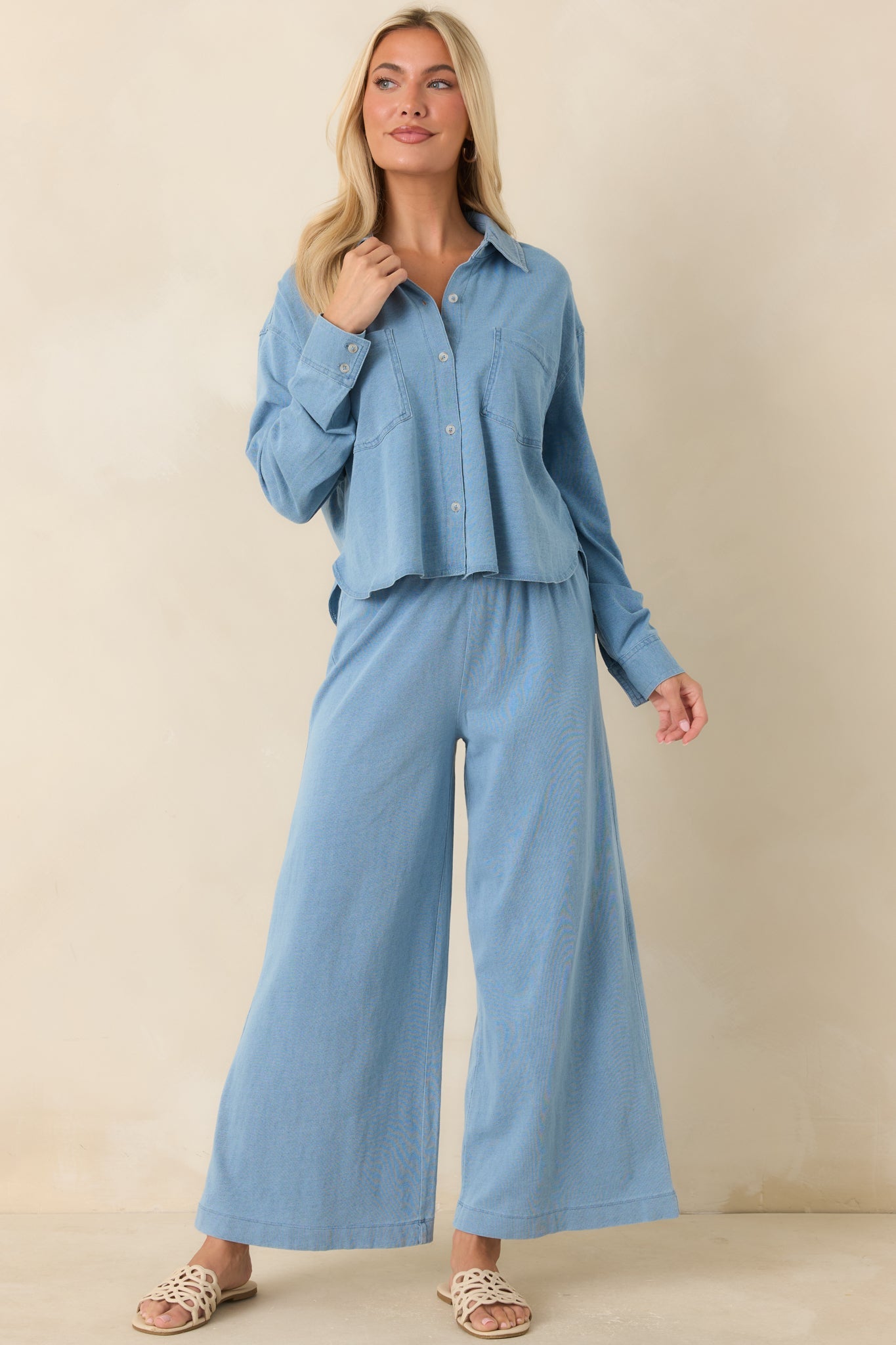 Z Supply Reese Washed Indigo Cropped Denim Jersey Button Up