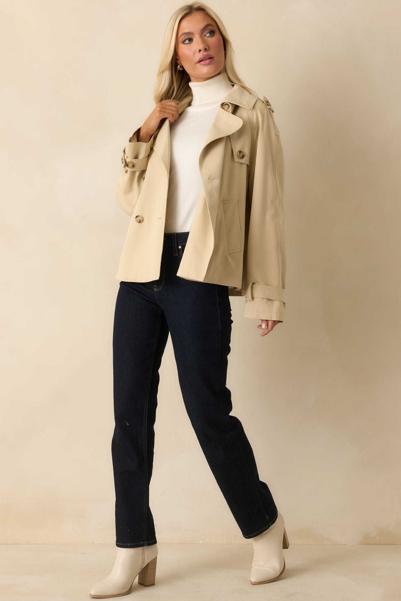 Take It From the Top Tan Cropped Trench-Style Jacket