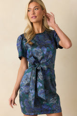That's The Idea Blue Multi Floral Jacquard Belted Mini Dress