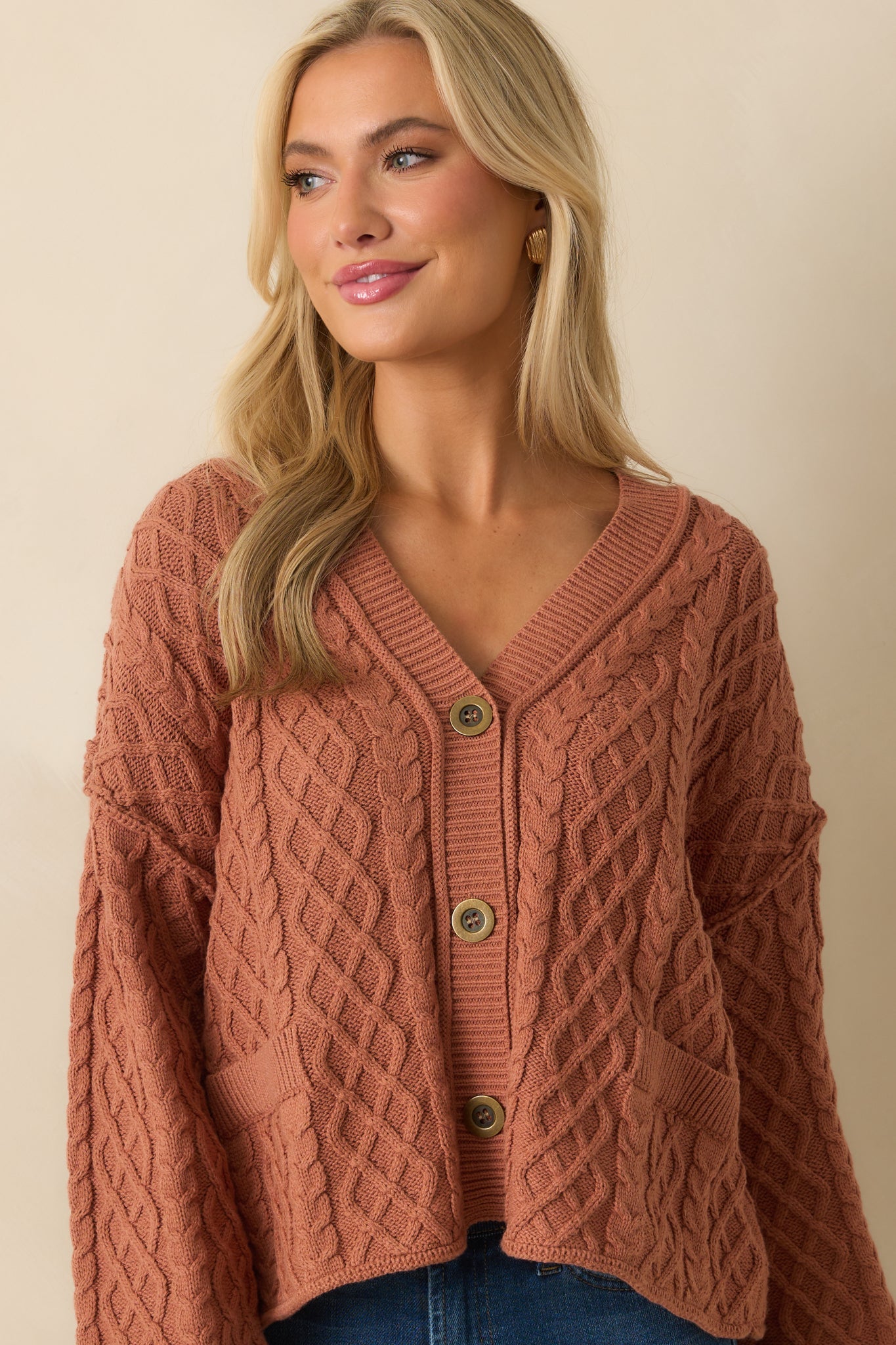 For Old Time's Sake Terracotta Cable Knit Button Up Cardigan
