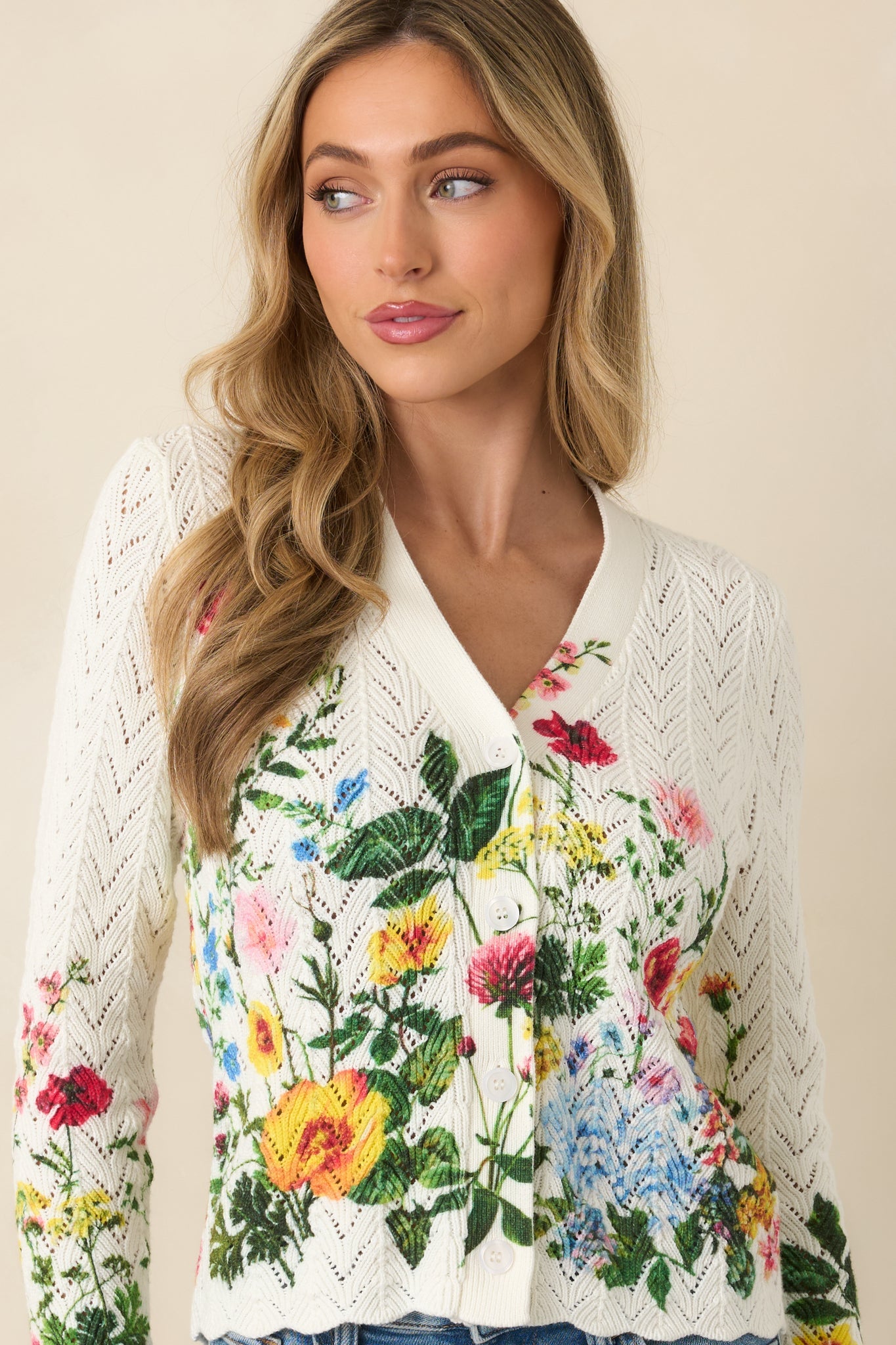 A Beautiful Arrangement Ivory Multi Floral Cotton Pointelle Cardigan