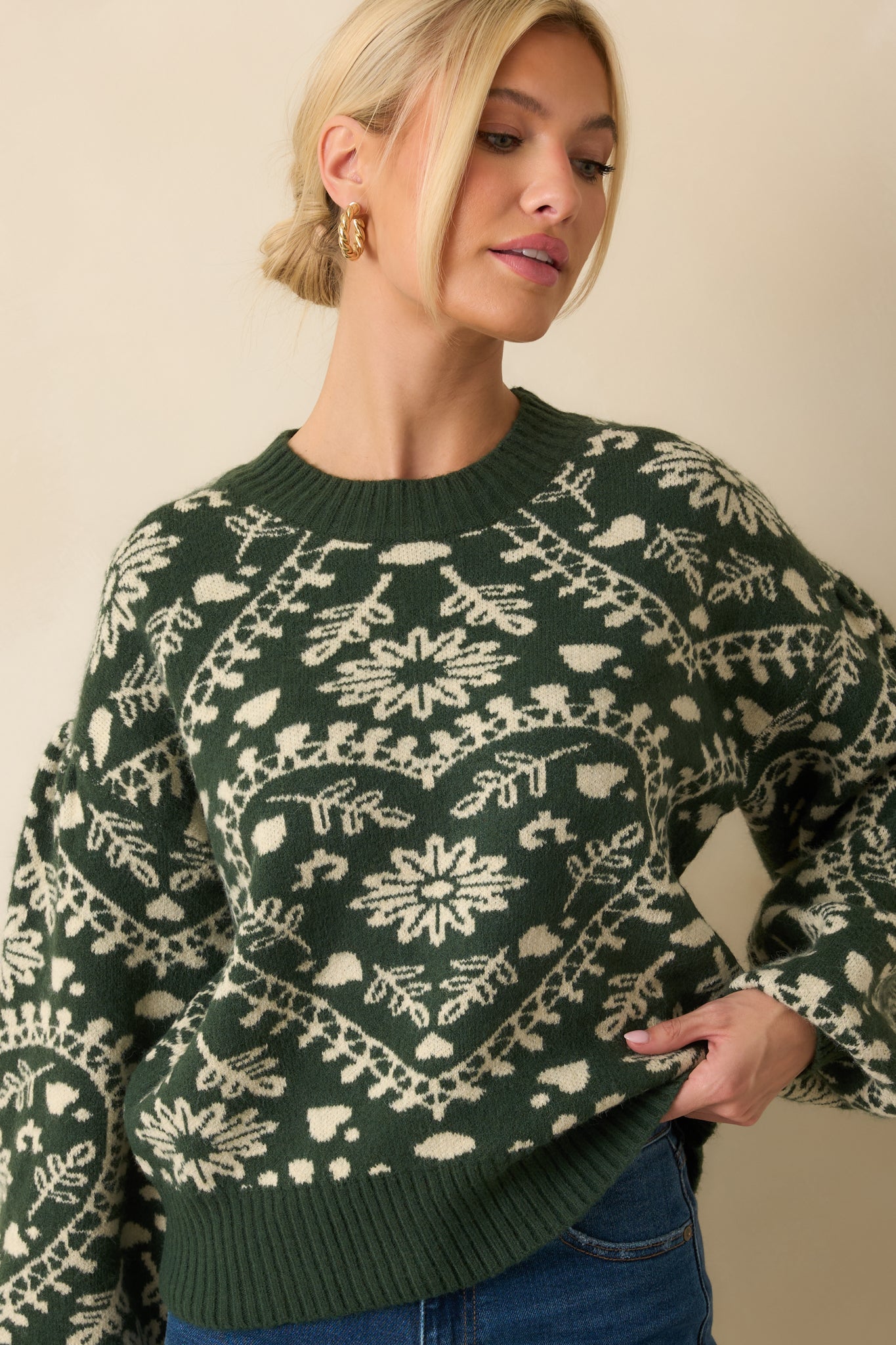 Wrapped in Joy Forest Green Knit Heart Pattern Sweater