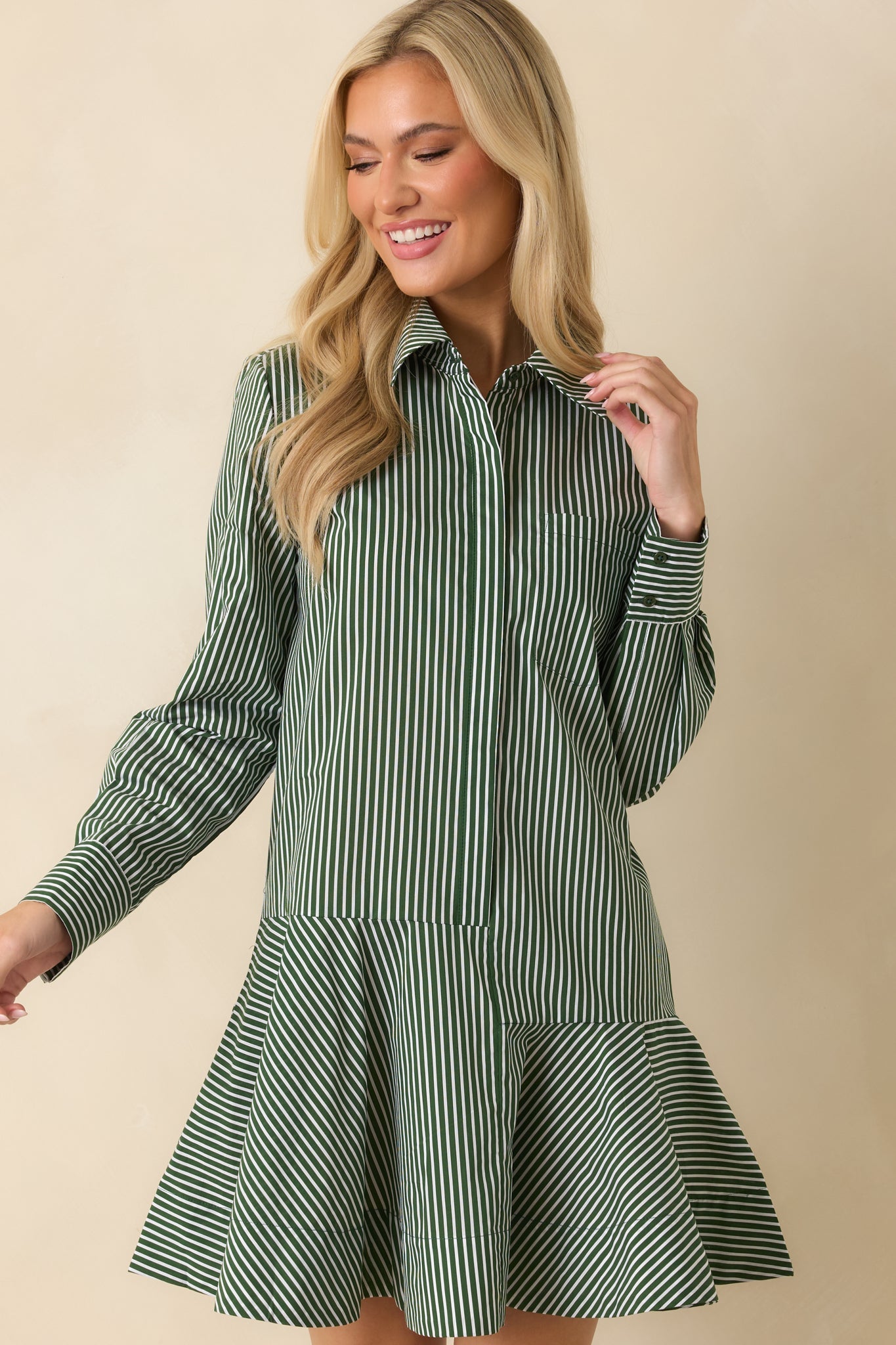 Perfectly Aligned Dark Olive Stripe Long Sleeve Shirt Dress