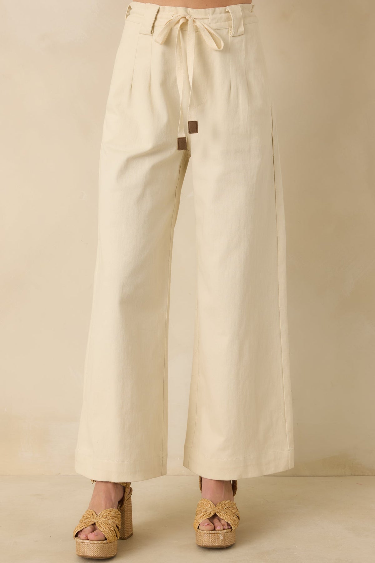 Refined Rhythm Beige Cotton Tie-Belt Wide Leg Pants