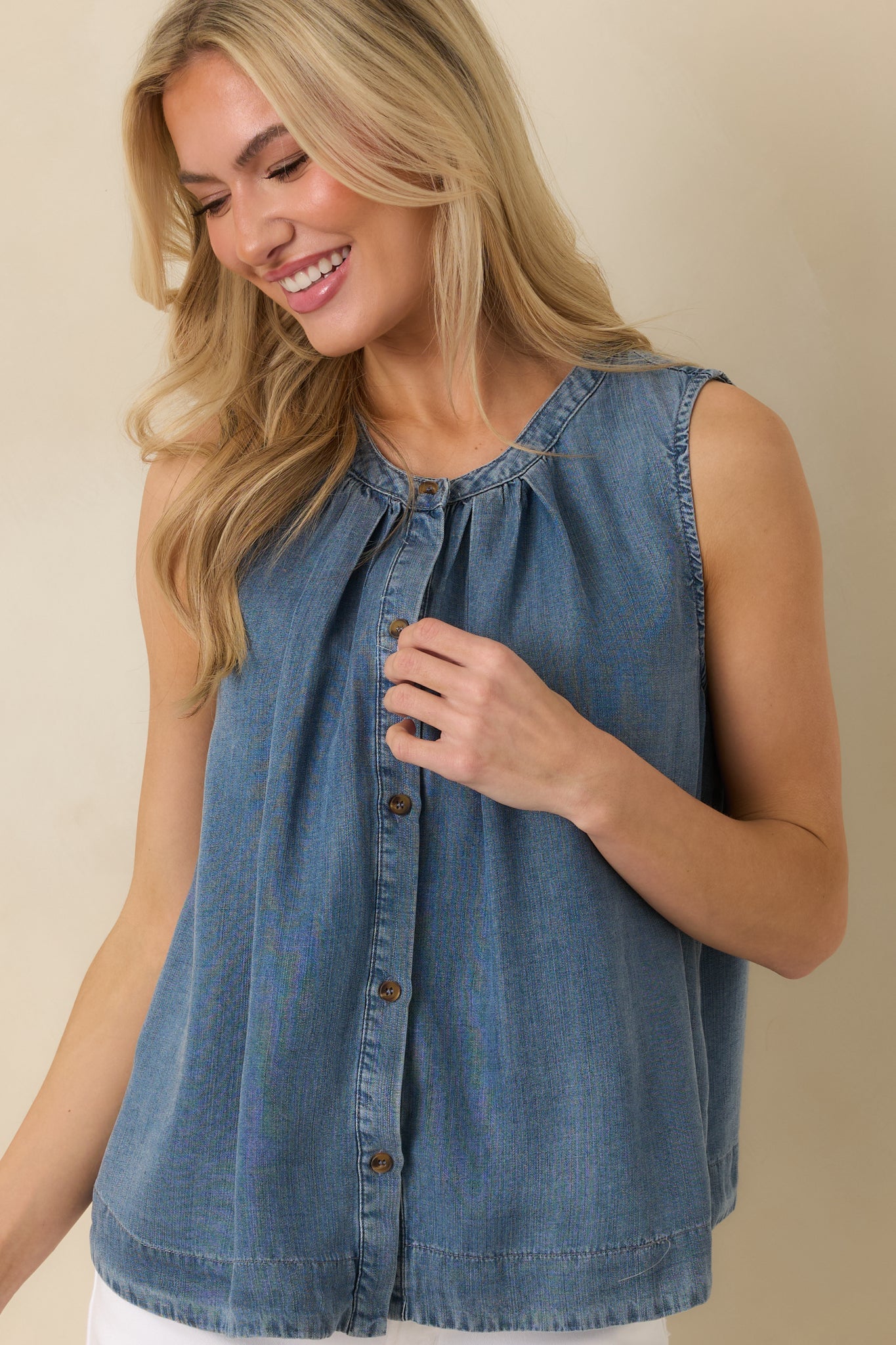 Just Add Sun Denim Button Front Sleeveless Top