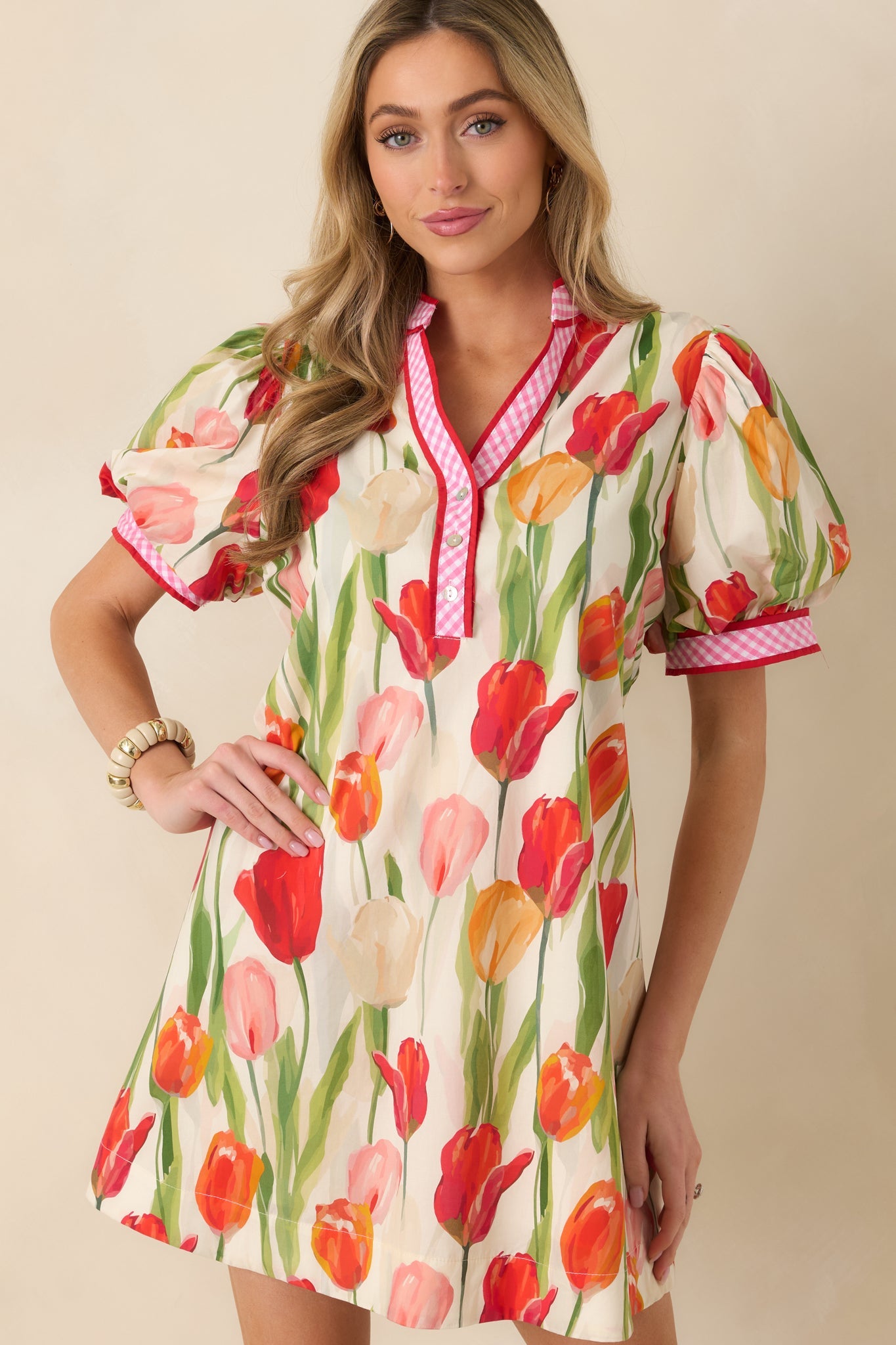 Bright Days Ahead Red Tulip Print Cotton Short Sleeve Mini Dress