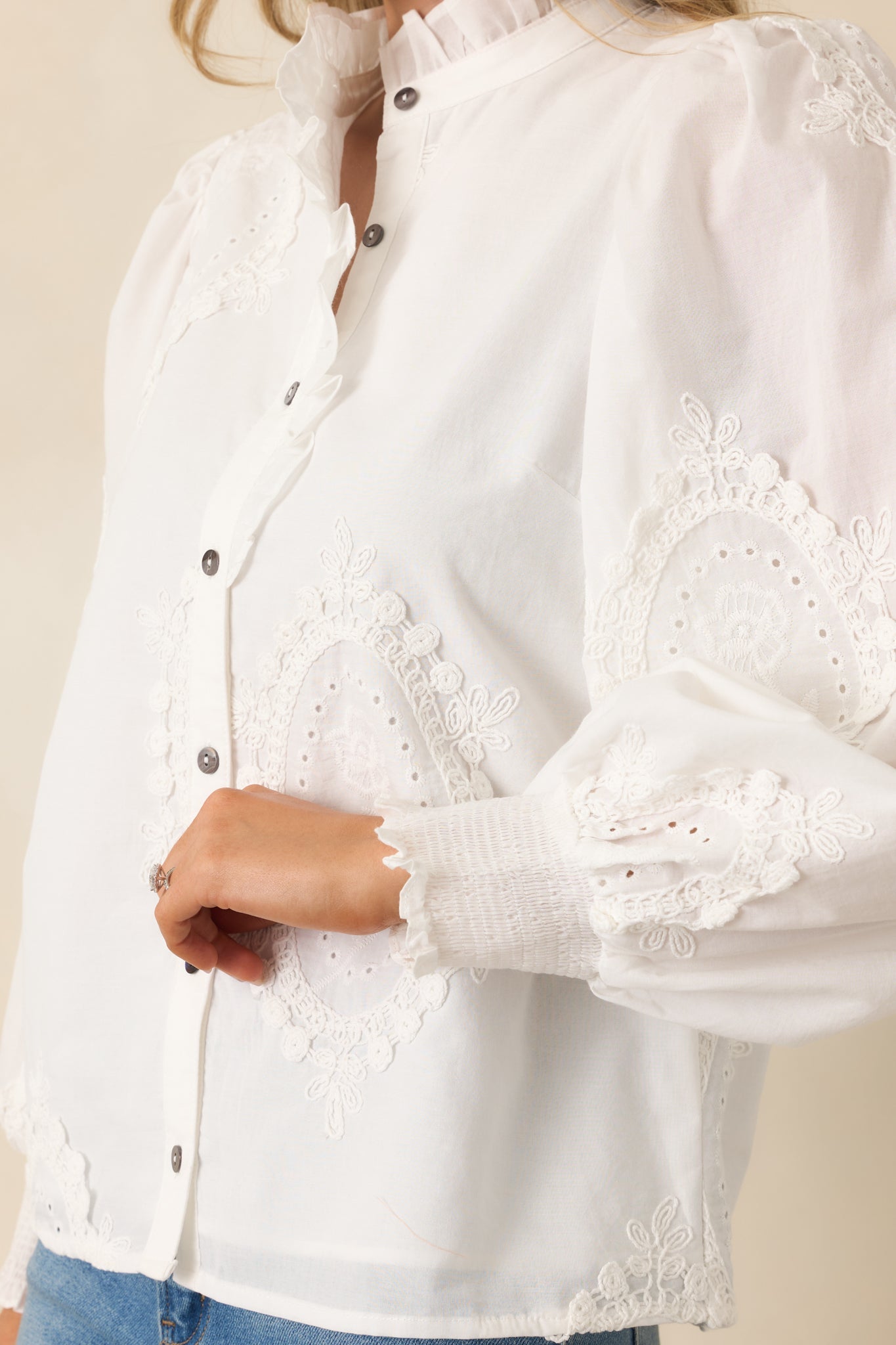 I Will Be Here White Eyelet Appliqué Detail Cotton Long Sleeve Blouse