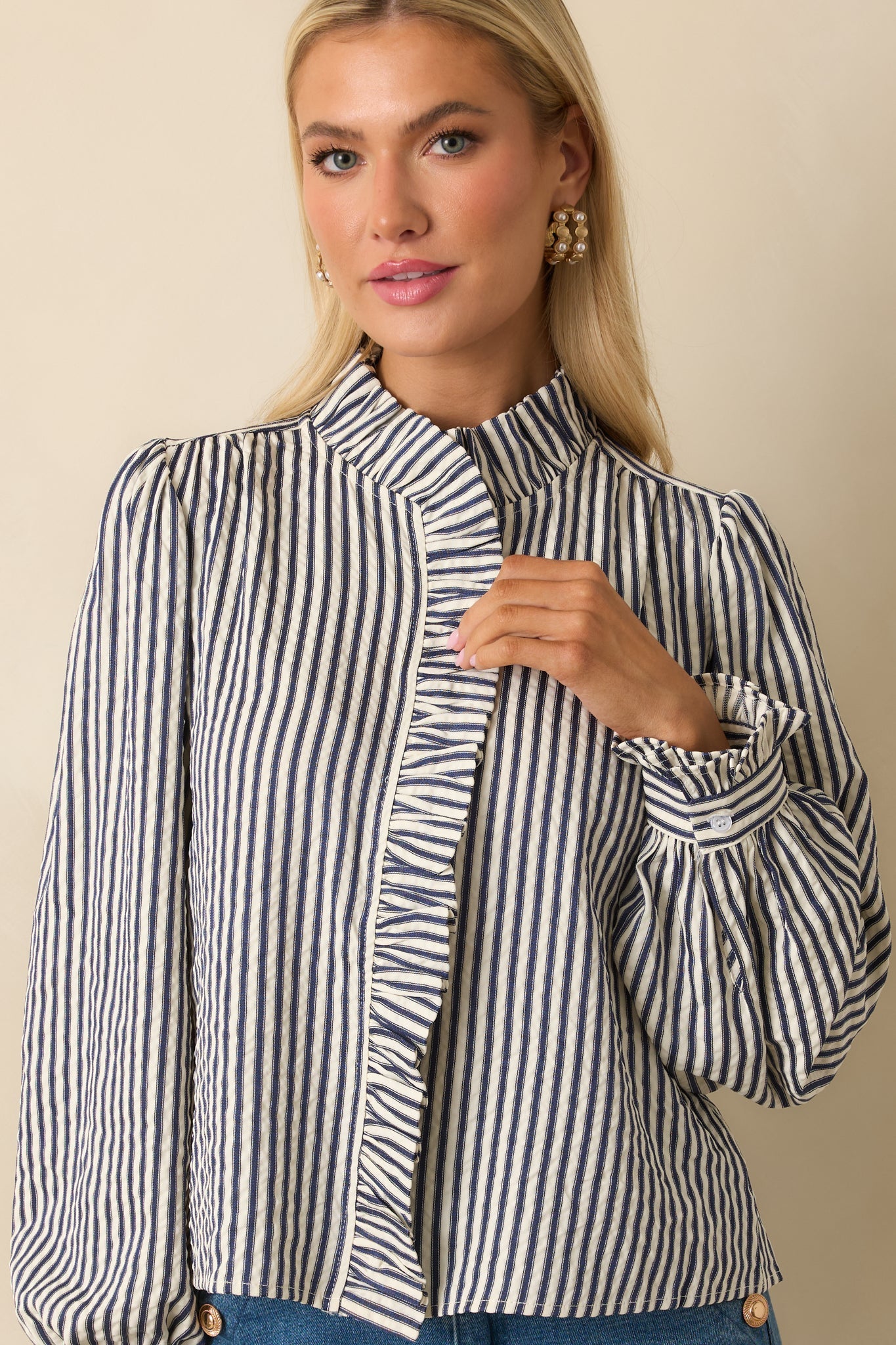 Neatly Noted Navy Blue Striped Seersucker Ruffle Blouse