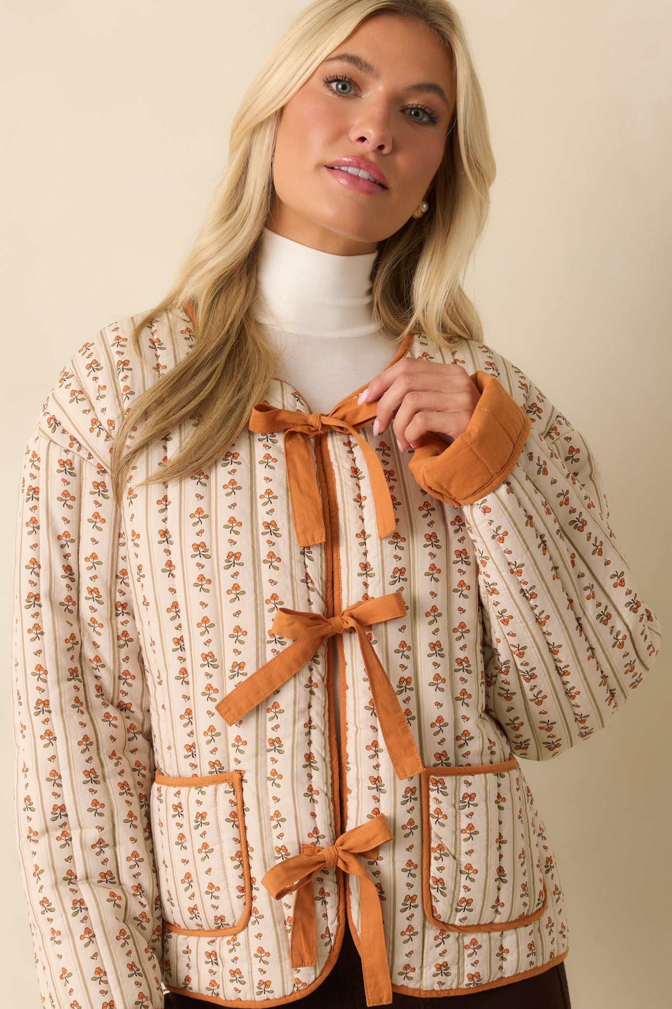 Take No Chances Orange Floral Print Cotton Quilted Bow Front Jacket