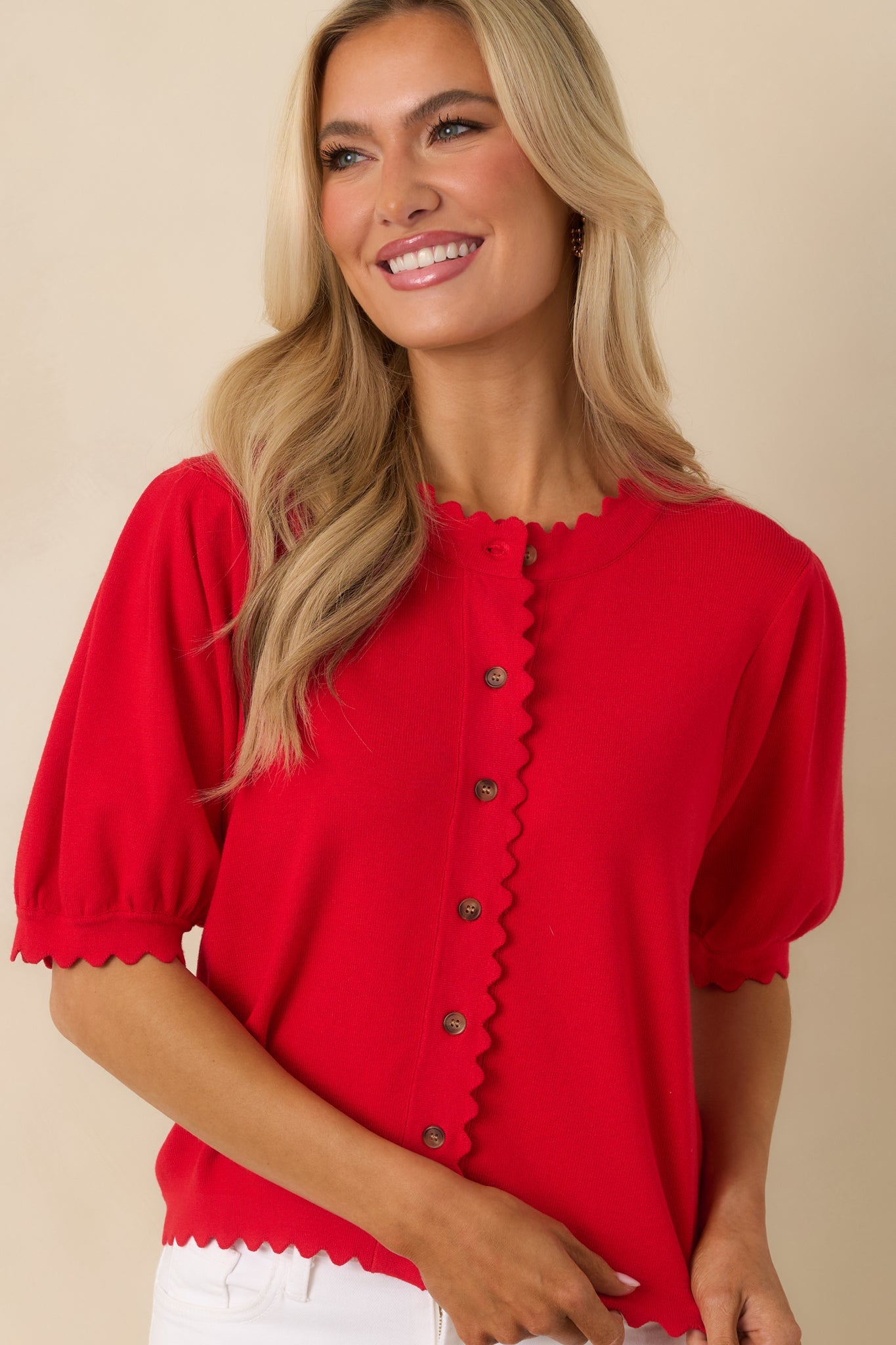 Simply So Cute Red Knit Scalloped Edge Puff Sleeve Button Up Cardigan