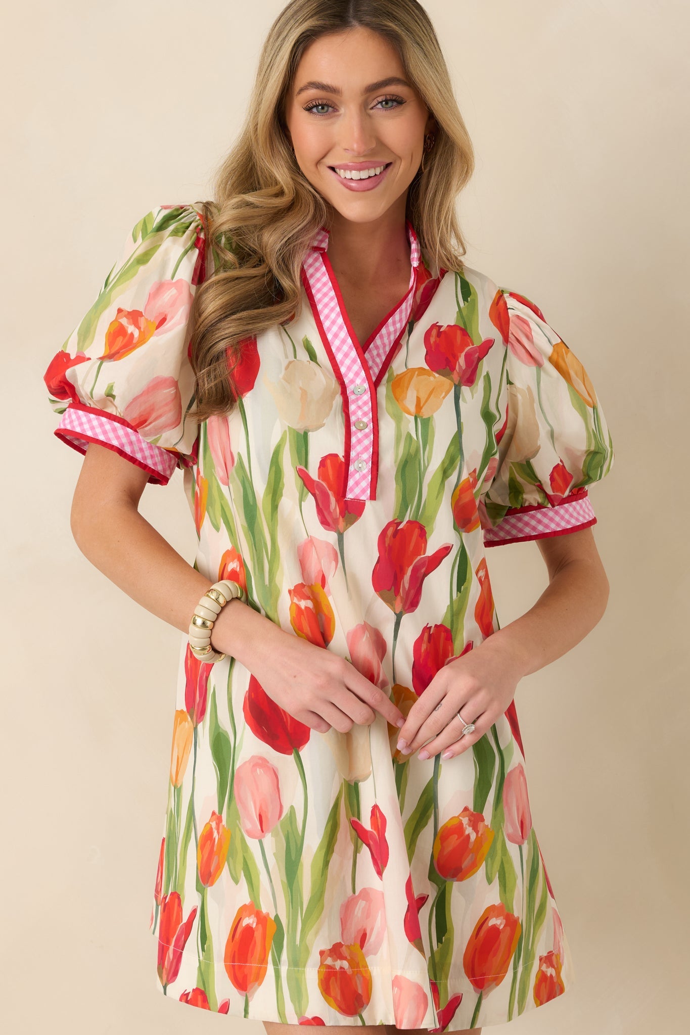 Bright Days Ahead Red Tulip Print Cotton Short Sleeve Mini Dress