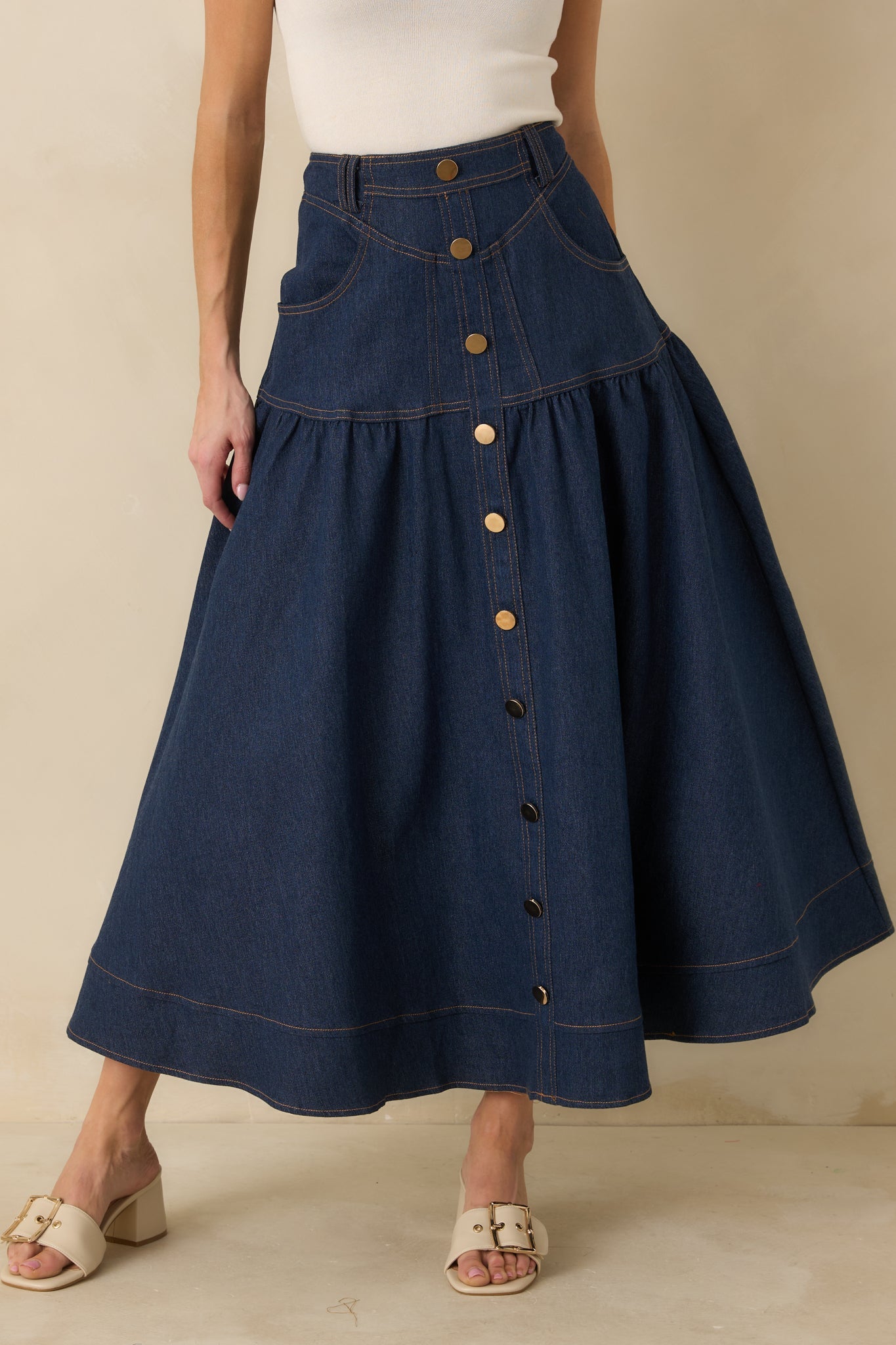 Town & Country Dark Wash Denim Button-Down Maxi Skirt