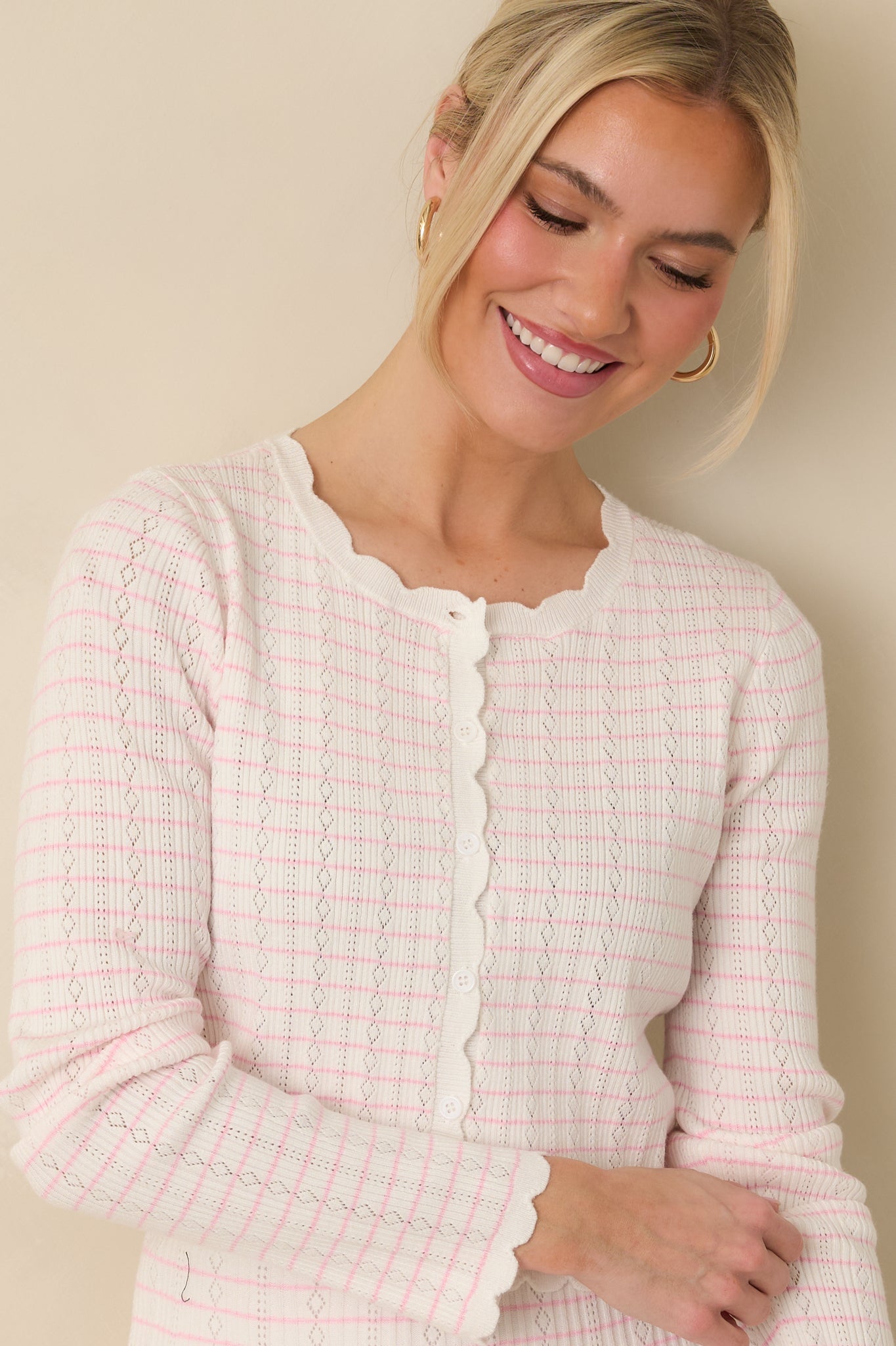 Soft Echoes White Stripe Pointelle Knit Button Up Cardigan