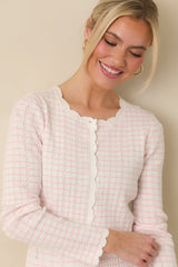 Soft Echoes White Stripe Pointelle Knit Button Up Cardigan