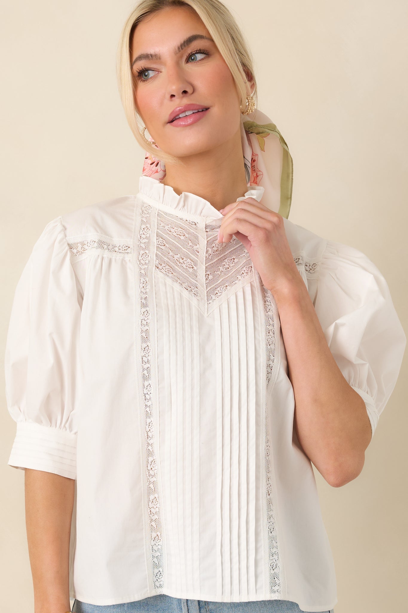 Lines Yet Written White Cotton Pintuck and Lace Puff Sleeve Top