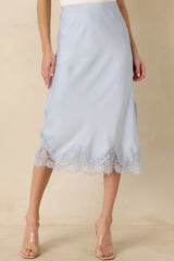 Just Call Me Later Powder Blue Satin Lace Trim Midi Skirt