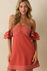 Left An Impression Burnt Orange Linen Blend Off The Shoulder Mini Dress