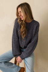 Sweet On You Navy Heather Knit Heart Button Up Cardigan Sweater