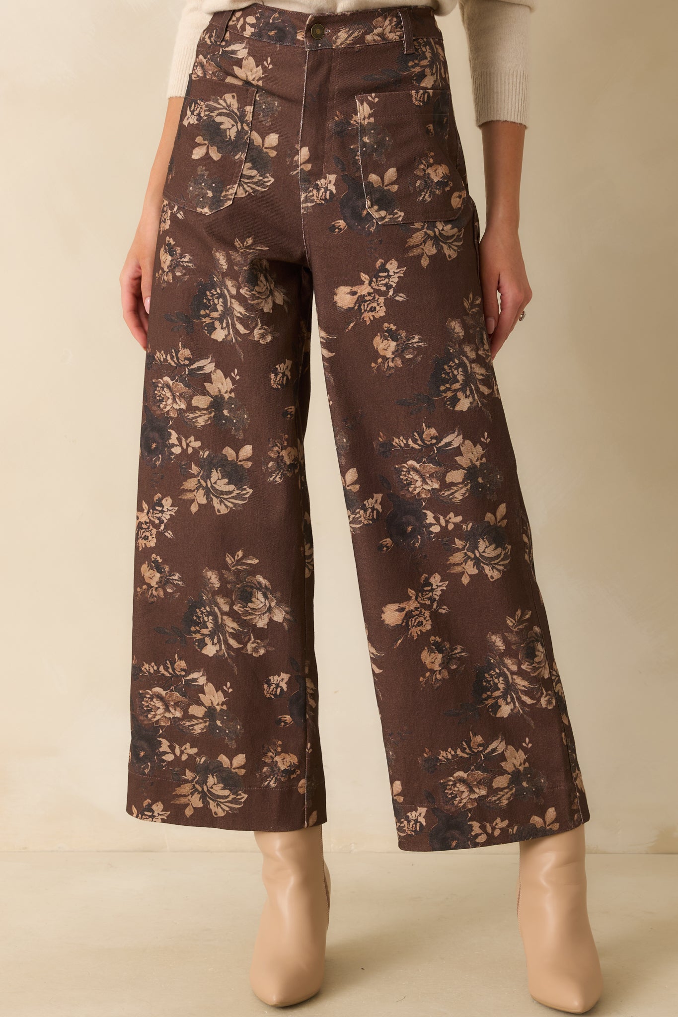 Couldn't Be Better Chocolate Brown Floral Print Cotton Wide Leg Jeans