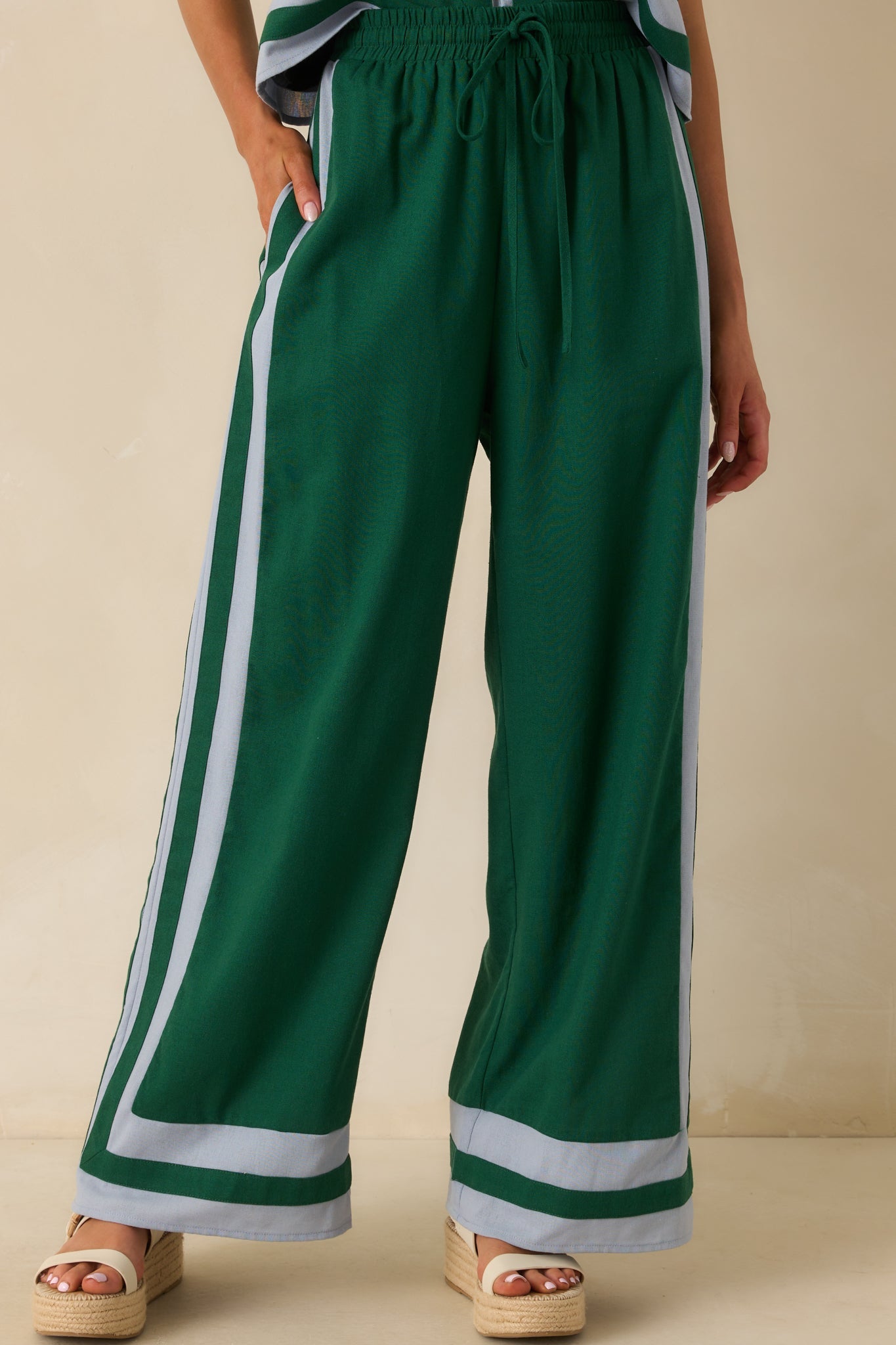 She Always Knows Green Contrast Trim Linen Blend Wide Leg Pants
