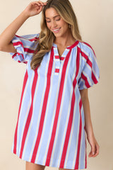 Sweet Summer State Red & Light Blue Stripe Cotton Puff Sleeve Mini Dress