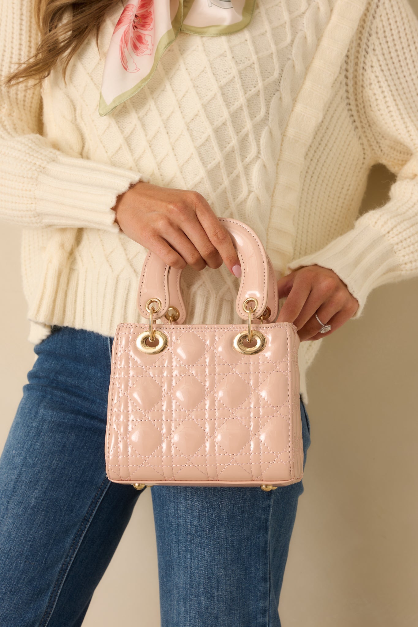 I Won't Tell Light Pink Faux Patent Leather Quilted Handbag