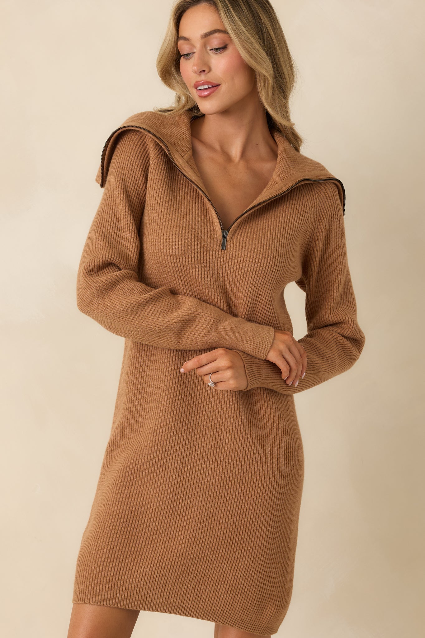 Ease Into It Camel Brown Knit Half-Zip Funnel Collar Longline Sweater Dress